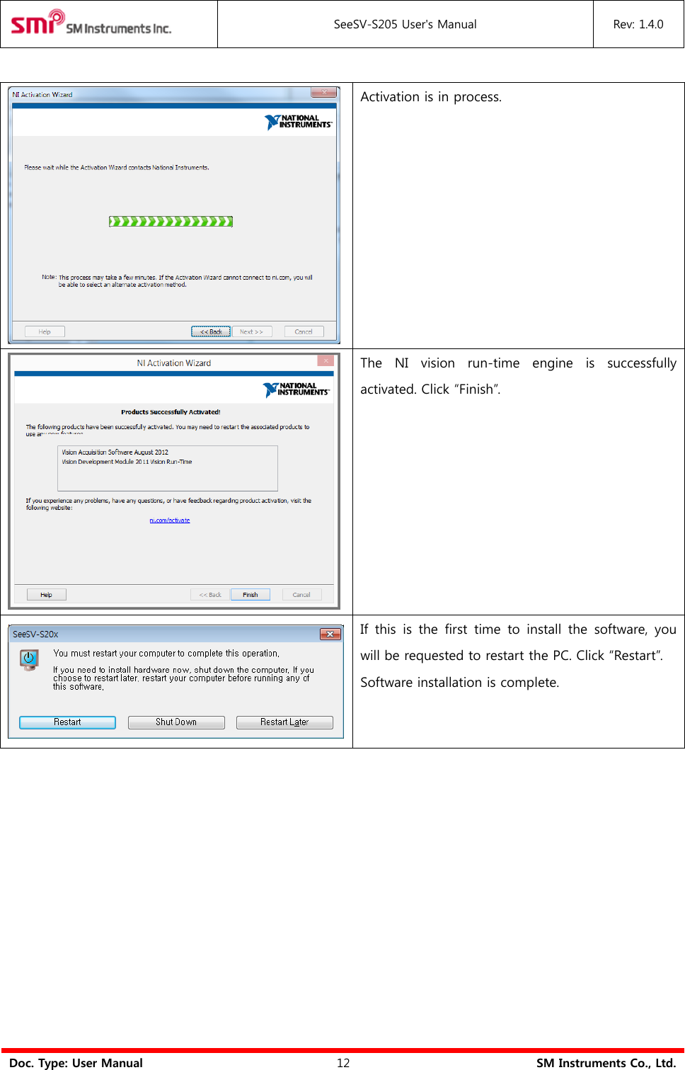  SeeSV-S205 User&apos;s Manual Rev: 1.4.0  Doc. Type: User Manual 12 SM Instruments Co., Ltd.   Activation is in process.  The  NI  vision  run-time  engine  is  successfully activated. Click “Finish”.    If  this  is  the  first  time  to  install  the  software,  you will be requested to restart the PC. Click “Restart”. Software installation is complete.  