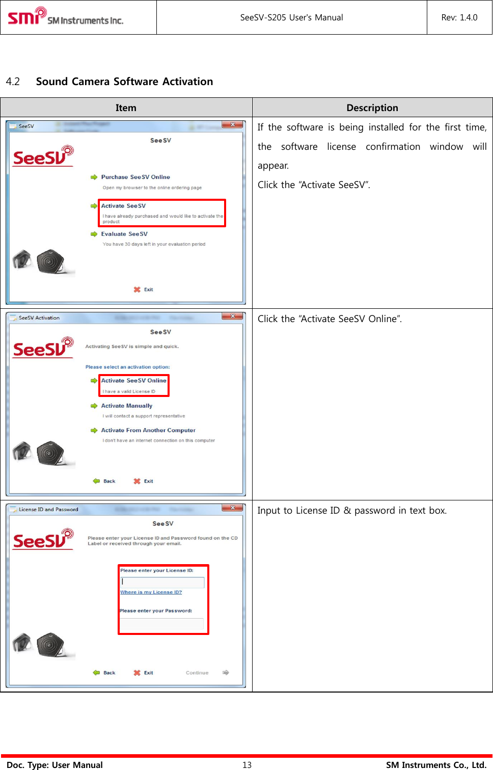  SeeSV-S205 User&apos;s Manual Rev: 1.4.0  Doc. Type: User Manual 13 SM Instruments Co., Ltd.  4.2 Sound Camera Software Activation Item Description  If  the  software  is  being  installed for  the  first time, the  software  license  confirmation  window  will appear. Click the “Activate SeeSV”.  Click the “Activate SeeSV Online”.  Input to License ID &amp; password in text box. 