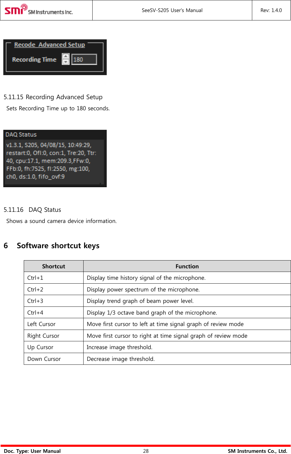  SeeSV-S205 User&apos;s Manual Rev: 1.4.0  Doc. Type: User Manual 28 SM Instruments Co., Ltd.    5.11.15 Recording Advanced Setup Sets Recording Time up to 180 seconds.    5.11.16 DAQ Status   Shows a sound camera device information. 6 Software shortcut keys Shortcut Function Ctrl+1 Display time history signal of the microphone. Ctrl+2 Display power spectrum of the microphone. Ctrl+3 Display trend graph of beam power level. Ctrl+4 Display 1/3 octave band graph of the microphone. Left Cursor Move first cursor to left at time signal graph of review mode Right Cursor Move first cursor to right at time signal graph of review mode Up Cursor Increase image threshold. Down Cursor Decrease image threshold.  