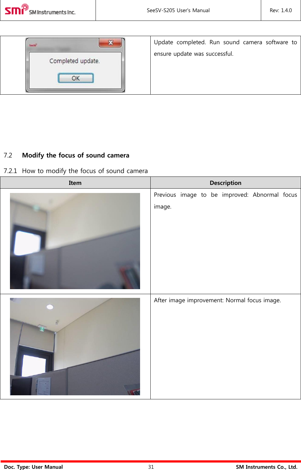  SeeSV-S205 User&apos;s Manual Rev: 1.4.0  Doc. Type: User Manual 31 SM Instruments Co., Ltd.   Update  completed.  Run  sound  camera  software  to ensure update was successful.     7.2 Modify the focus of sound camera 7.2.1 How to modify the focus of sound camera Item Description  Previous  image  to  be  improved:  Abnormal  focus image.  After image improvement: Normal focus image. 