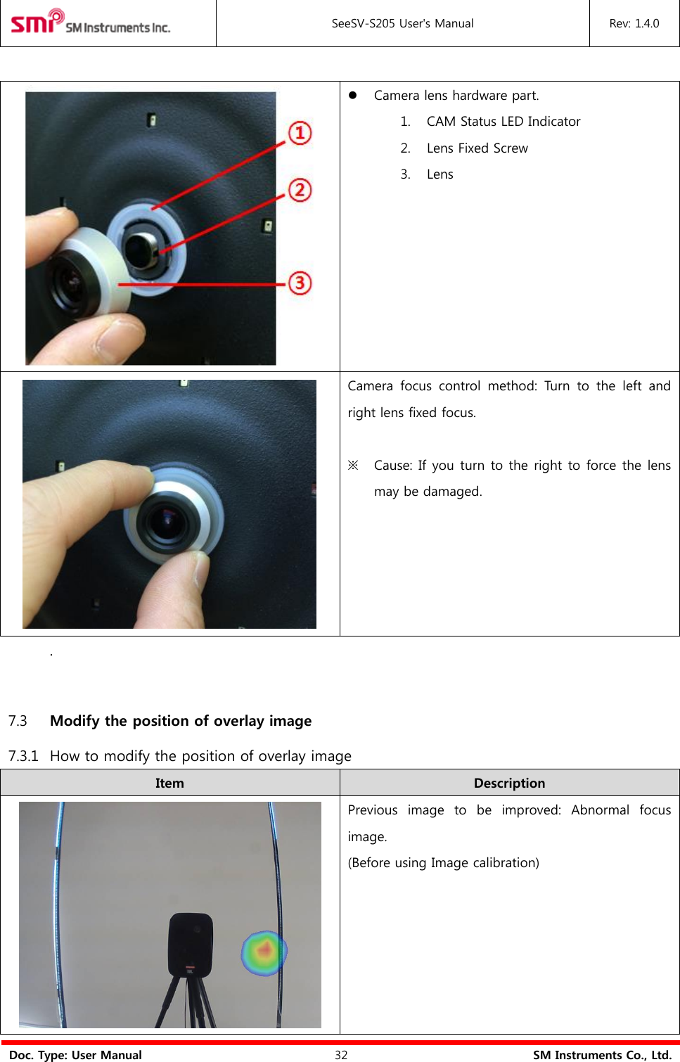  SeeSV-S205 User&apos;s Manual Rev: 1.4.0  Doc. Type: User Manual 32 SM Instruments Co., Ltd.    Camera lens hardware part. 1. CAM Status LED Indicator 2. Lens Fixed Screw   3. Lens  Camera  focus  control  method:  Turn  to  the  left  and right lens fixed focus.  ※ Cause: If you turn to the right to force the lens may be damaged. .  7.3 Modify the position of overlay image 7.3.1 How to modify the position of overlay image Item Description  Previous  image  to  be  improved:  Abnormal  focus image. (Before using Image calibration) 