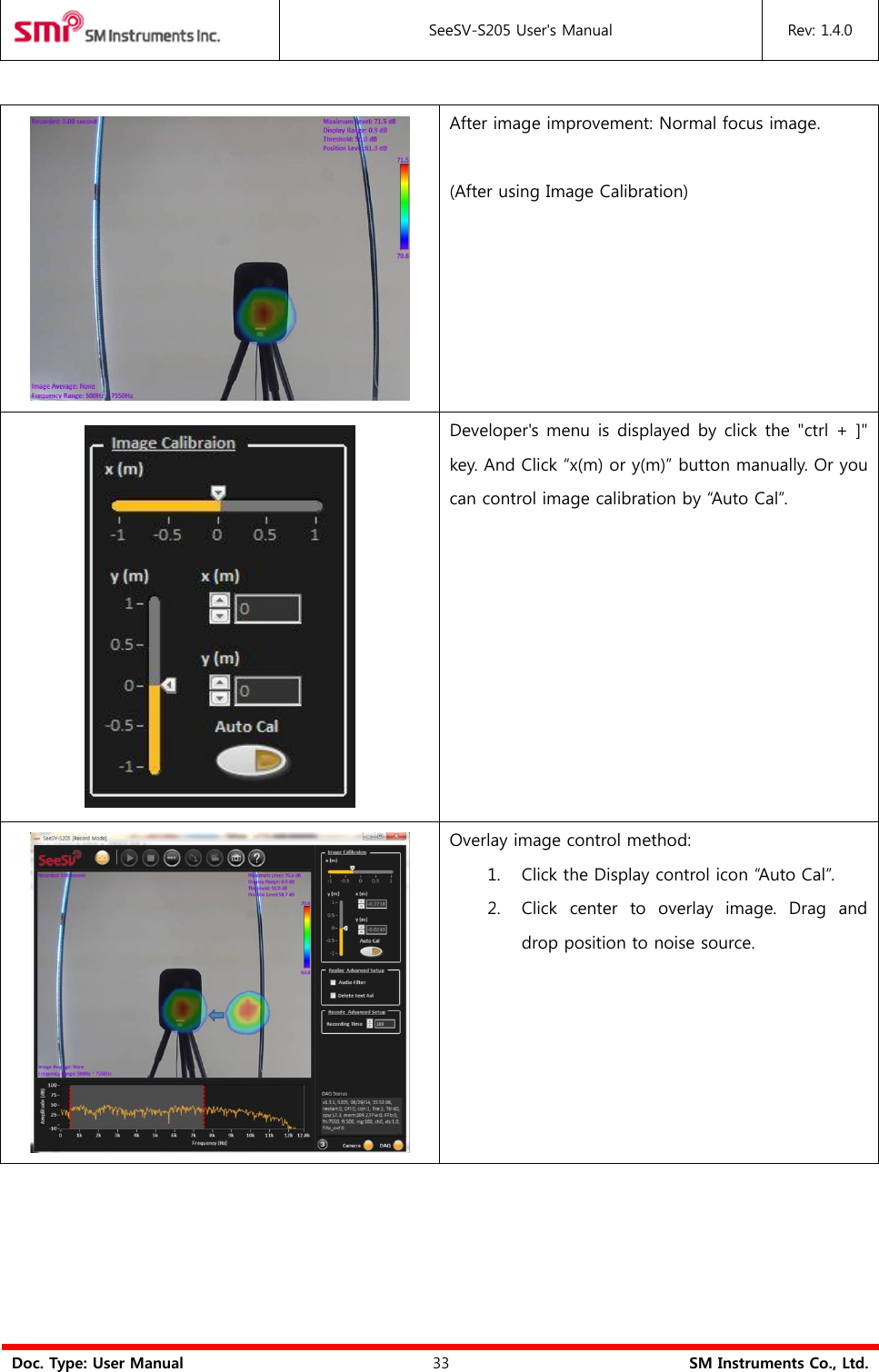  SeeSV-S205 User&apos;s Manual Rev: 1.4.0  Doc. Type: User Manual 33 SM Instruments Co., Ltd.   After image improvement: Normal focus image.  (After using Image Calibration)  Developer&apos;s menu is displayed by click the &quot;ctrl + ]&quot; key. And Click “x(m) or y(m)” button manually. Or you can control image calibration by “Auto Cal”.  Overlay image control method:     1. Click the Display control icon “Auto Cal”. 2. Click  center  to  overlay  image.  Drag  and drop position to noise source.  