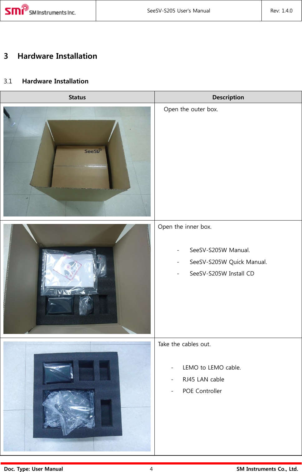  SeeSV-S205 User&apos;s Manual Rev: 1.4.0  Doc. Type: User Manual 4 SM Instruments Co., Ltd.  3 Hardware Installation 3.1 Hardware Installation Status Description  Open the outer box.  Open the inner box.  - SeeSV-S205W Manual. - SeeSV-S205W Quick Manual. - SeeSV-S205W Install CD   Take the cables out.  - LEMO to LEMO cable. - RJ45 LAN cable - POE Controller 