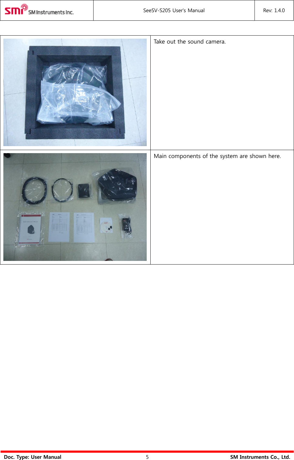  SeeSV-S205 User&apos;s Manual Rev: 1.4.0  Doc. Type: User Manual 5 SM Instruments Co., Ltd.   Take out the sound camera.  Main components of the system are shown here.          