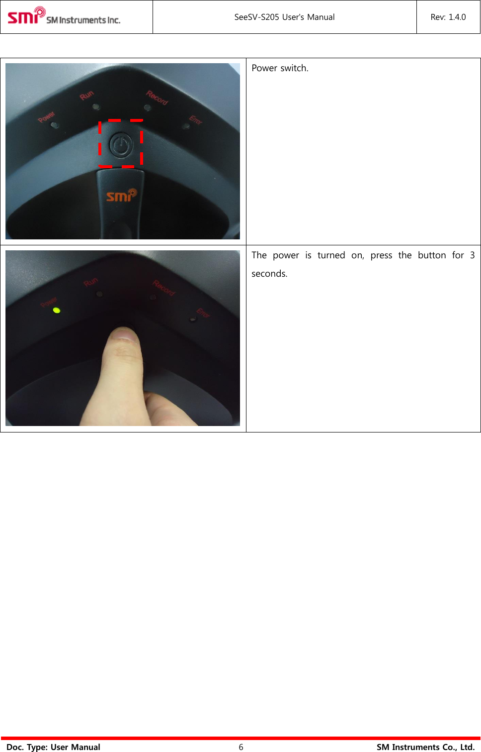  SeeSV-S205 User&apos;s Manual Rev: 1.4.0  Doc. Type: User Manual 6 SM Instruments Co., Ltd.   Power switch.  The  power  is  turned  on,  press  the  button  for  3 seconds.                 