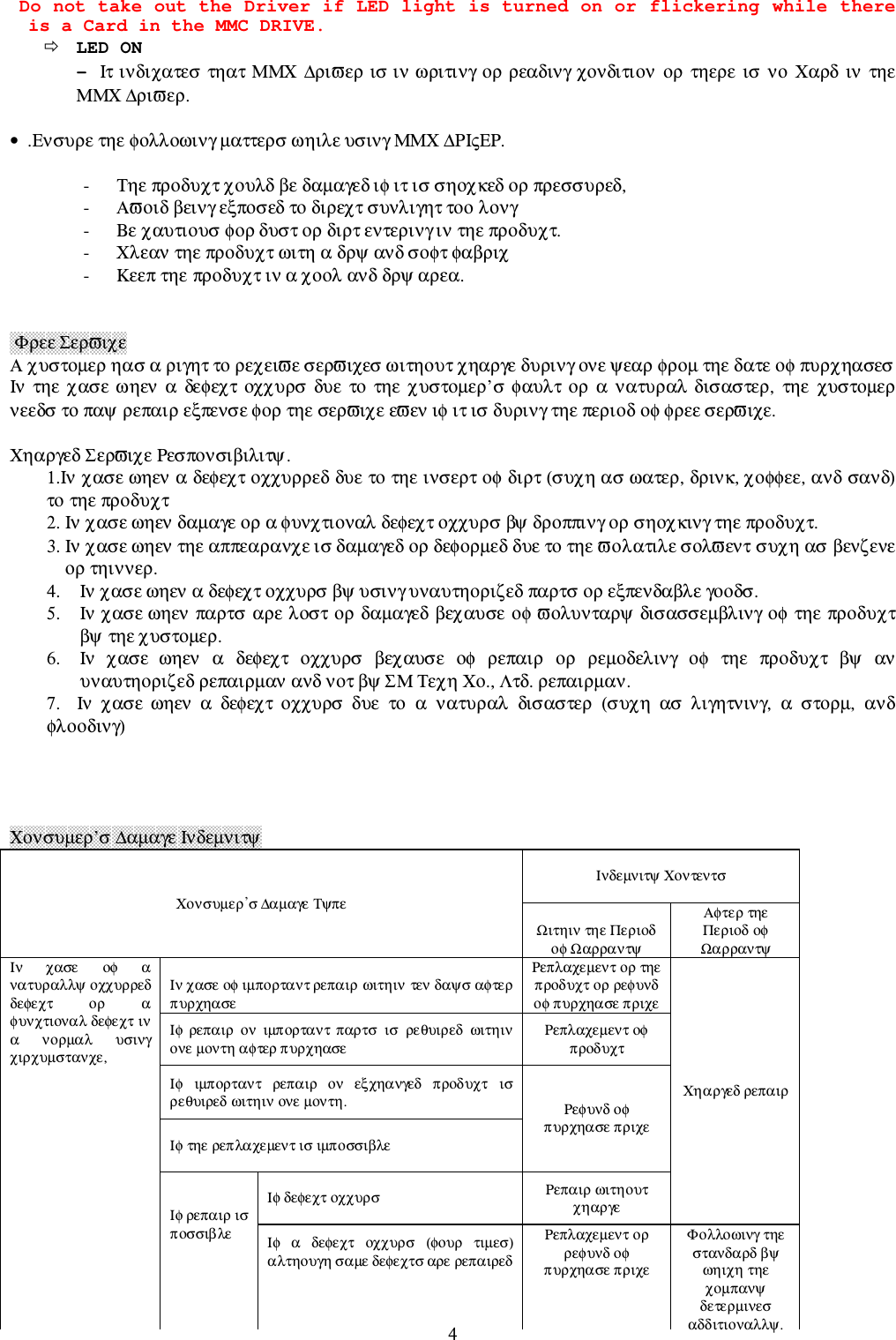 4  Do not take out the Driver if LED light is turned on or flickering while thereis a Card in the MMC DRIVE." LED ON- &Iota;&tau; &iota;&nu;&delta;&iota;&chi;&alpha;&tau;&epsilon;&sigma; &tau;&eta;&alpha;&tau; &Mu;&Mu;&Chi; ∆&rho;&iota;&piv;&epsilon;&rho; &iota;&sigma; &iota;&nu; &omega;&rho;&iota;&tau;&iota;&nu;&gamma; &omicron;&rho; &rho;&epsilon;&alpha;&delta;&iota;&nu;&gamma; &chi;&omicron;&nu;&delta;&iota;&tau;&iota;&omicron;&nu;  &omicron;&rho; &tau;&eta;&epsilon;&rho;&epsilon; &iota;&sigma; &nu;&omicron; &Chi;&alpha;&rho;&delta; &iota;&nu;  &tau;&eta;&epsilon;&Mu;&Mu;&Chi; ∆&rho;&iota;&piv;&epsilon;&rho;.&bull;  .&Epsilon;&nu;&sigma;&upsilon;&rho;&epsilon; &tau;&eta;&epsilon; &phi;&omicron;&lambda;&lambda;&omicron;&omega;&iota;&nu;&gamma; &micro;&alpha;&tau;&tau;&epsilon;&rho;&sigma; &omega;&eta;&iota;&lambda;&epsilon; &upsilon;&sigma;&iota;&nu;&gamma; &Mu;&Mu;&Chi; ∆&Rho;&Iota;&sigmaf;&Epsilon;&Rho;.- &Tau;&eta;&epsilon; &pi;&rho;&omicron;&delta;&upsilon;&chi;&tau; &chi;&omicron;&upsilon;&lambda;&delta; &beta;&epsilon; &delta;&alpha;&micro;&alpha;&gamma;&epsilon;&delta; &iota;&phi; &iota;&tau; &iota;&sigma; &sigma;&eta;&omicron;&chi;&kappa;&epsilon;&delta; &omicron;&rho; &pi;&rho;&epsilon;&sigma;&sigma;&upsilon;&rho;&epsilon;&delta;,- &Alpha;&piv;&omicron;&iota;&delta; &beta;&epsilon;&iota;&nu;&gamma; &epsilon;&xi;&pi;&omicron;&sigma;&epsilon;&delta; &tau;&omicron; &delta;&iota;&rho;&epsilon;&chi;&tau; &sigma;&upsilon;&nu;&lambda;&iota;&gamma;&eta;&tau; &tau;&omicron;&omicron; &lambda;&omicron;&nu;&gamma;- &Beta;&epsilon; &chi;&alpha;&upsilon;&tau;&iota;&omicron;&upsilon;&sigma; &phi;&omicron;&rho; &delta;&upsilon;&sigma;&tau; &omicron;&rho; &delta;&iota;&rho;&tau; &epsilon;&nu;&tau;&epsilon;&rho;&iota;&nu;&gamma; &iota;&nu; &tau;&eta;&epsilon; &pi;&rho;&omicron;&delta;&upsilon;&chi;&tau;.- &Chi;&lambda;&epsilon;&alpha;&nu; &tau;&eta;&epsilon; &pi;&rho;&omicron;&delta;&upsilon;&chi;&tau; &omega;&iota;&tau;&eta; &alpha; &delta;&rho;&psi; &alpha;&nu;&delta; &sigma;&omicron;&phi;&tau; &phi;&alpha;&beta;&rho;&iota;&chi;- &Kappa;&epsilon;&epsilon;&pi; &tau;&eta;&epsilon; &pi;&rho;&omicron;&delta;&upsilon;&chi;&tau; &iota;&nu; &alpha; &chi;&omicron;&omicron;&lambda; &alpha;&nu;&delta; &delta;&rho;&psi; &alpha;&rho;&epsilon;&alpha;. &Phi;&rho;&epsilon;&epsilon; &Sigma;&epsilon;&rho;&piv;&iota;&chi;&epsilon;&Alpha; &chi;&upsilon;&sigma;&tau;&omicron;&micro;&epsilon;&rho; &eta;&alpha;&sigma; &alpha; &rho;&iota;&gamma;&eta;&tau; &tau;&omicron; &rho;&epsilon;&chi;&epsilon;&iota;&piv;&epsilon; &sigma;&epsilon;&rho;&piv;&iota;&chi;&epsilon;&sigma; &omega;&iota;&tau;&eta;&omicron;&upsilon;&tau; &chi;&eta;&alpha;&rho;&gamma;&epsilon; &delta;&upsilon;&rho;&iota;&nu;&gamma; &omicron;&nu;&epsilon; &psi;&epsilon;&alpha;&rho; &phi;&rho;&omicron;&micro; &tau;&eta;&epsilon; &delta;&alpha;&tau;&epsilon; &omicron;&phi; &pi;&upsilon;&rho;&chi;&eta;&alpha;&sigma;&epsilon;&sigma;&Iota;&nu; &tau;&eta;&epsilon; &chi;&alpha;&sigma;&epsilon; &omega;&eta;&epsilon;&nu; &alpha; &delta;&epsilon;&phi;&epsilon;&chi;&tau; &omicron;&chi;&chi;&upsilon;&rho;&sigma; &delta;&upsilon;&epsilon; &tau;&omicron; &tau;&eta;&epsilon; &chi;&upsilon;&sigma;&tau;&omicron;&micro;&epsilon;&rho;&rsquo;&sigma; &phi;&alpha;&upsilon;&lambda;&tau;  &omicron;&rho; &alpha; &nu;&alpha;&tau;&upsilon;&rho;&alpha;&lambda; &delta;&iota;&sigma;&alpha;&sigma;&tau;&epsilon;&rho;,  &tau;&eta;&epsilon;  &chi;&upsilon;&sigma;&tau;&omicron;&micro;&epsilon;&rho;&nu;&epsilon;&epsilon;&delta;&sigma; &tau;&omicron; &pi;&alpha;&psi; &rho;&epsilon;&pi;&alpha;&iota;&rho; &epsilon;&xi;&pi;&epsilon;&nu;&sigma;&epsilon; &phi;&omicron;&rho; &tau;&eta;&epsilon; &sigma;&epsilon;&rho;&piv;&iota;&chi;&epsilon; &epsilon;&piv;&epsilon;&nu; &iota;&phi; &iota;&tau; &iota;&sigma; &delta;&upsilon;&rho;&iota;&nu;&gamma; &tau;&eta;&epsilon; &pi;&epsilon;&rho;&iota;&omicron;&delta; &omicron;&phi; &phi;&rho;&epsilon;&epsilon; &sigma;&epsilon;&rho;&piv;&iota;&chi;&epsilon;.&Chi;&eta;&alpha;&rho;&gamma;&epsilon;&delta; &Sigma;&epsilon;&rho;&piv;&iota;&chi;&epsilon; &Rho;&epsilon;&sigma;&pi;&omicron;&nu;&sigma;&iota;&beta;&iota;&lambda;&iota;&tau;&psi;.1.&Iota;&nu; &chi;&alpha;&sigma;&epsilon; &omega;&eta;&epsilon;&nu; &alpha; &delta;&epsilon;&phi;&epsilon;&chi;&tau; &omicron;&chi;&chi;&upsilon;&rho;&rho;&epsilon;&delta; &delta;&upsilon;&epsilon; &tau;&omicron; &tau;&eta;&epsilon; &iota;&nu;&sigma;&epsilon;&rho;&tau; &omicron;&phi; &delta;&iota;&rho;&tau; (&sigma;&upsilon;&chi;&eta; &alpha;&sigma; &omega;&alpha;&tau;&epsilon;&rho;, &delta;&rho;&iota;&nu;&kappa;, &chi;&omicron;&phi;&phi;&epsilon;&epsilon;, &alpha;&nu;&delta; &sigma;&alpha;&nu;&delta;)&tau;&omicron; &tau;&eta;&epsilon; &pi;&rho;&omicron;&delta;&upsilon;&chi;&tau;2. &Iota;&nu; &chi;&alpha;&sigma;&epsilon; &omega;&eta;&epsilon;&nu; &delta;&alpha;&micro;&alpha;&gamma;&epsilon; &omicron;&rho; &alpha; &phi;&upsilon;&nu;&chi;&tau;&iota;&omicron;&nu;&alpha;&lambda; &delta;&epsilon;&phi;&epsilon;&chi;&tau; &omicron;&chi;&chi;&upsilon;&rho;&sigma; &beta;&psi; &delta;&rho;&omicron;&pi;&pi;&iota;&nu;&gamma; &omicron;&rho; &sigma;&eta;&omicron;&chi;&kappa;&iota;&nu;&gamma; &tau;&eta;&epsilon; &pi;&rho;&omicron;&delta;&upsilon;&chi;&tau;.3. &Iota;&nu; &chi;&alpha;&sigma;&epsilon; &omega;&eta;&epsilon;&nu; &tau;&eta;&epsilon; &alpha;&pi;&pi;&epsilon;&alpha;&rho;&alpha;&nu;&chi;&epsilon; &iota;&sigma; &delta;&alpha;&micro;&alpha;&gamma;&epsilon;&delta; &omicron;&rho; &delta;&epsilon;&phi;&omicron;&rho;&micro;&epsilon;&delta; &delta;&upsilon;&epsilon; &tau;&omicron; &tau;&eta;&epsilon; &piv;&omicron;&lambda;&alpha;&tau;&iota;&lambda;&epsilon; &sigma;&omicron;&lambda;&piv;&epsilon;&nu;&tau; &sigma;&upsilon;&chi;&eta; &alpha;&sigma; &beta;&epsilon;&nu;&zeta;&epsilon;&nu;&epsilon;&omicron;&rho; &tau;&eta;&iota;&nu;&nu;&epsilon;&rho;.4. &Iota;&nu; &chi;&alpha;&sigma;&epsilon; &omega;&eta;&epsilon;&nu; &alpha; &delta;&epsilon;&phi;&epsilon;&chi;&tau; &omicron;&chi;&chi;&upsilon;&rho;&sigma; &beta;&psi; &upsilon;&sigma;&iota;&nu;&gamma; &upsilon;&nu;&alpha;&upsilon;&tau;&eta;&omicron;&rho;&iota;&zeta;&epsilon;&delta; &pi;&alpha;&rho;&tau;&sigma; &omicron;&rho; &epsilon;&xi;&pi;&epsilon;&nu;&delta;&alpha;&beta;&lambda;&epsilon; &gamma;&omicron;&omicron;&delta;&sigma;.5. &Iota;&nu; &chi;&alpha;&sigma;&epsilon; &omega;&eta;&epsilon;&nu; &pi;&alpha;&rho;&tau;&sigma; &alpha;&rho;&epsilon; &lambda;&omicron;&sigma;&tau;  &omicron;&rho; &delta;&alpha;&micro;&alpha;&gamma;&epsilon;&delta;  &beta;&epsilon;&chi;&alpha;&upsilon;&sigma;&epsilon; &omicron;&phi; &piv;&omicron;&lambda;&upsilon;&nu;&tau;&alpha;&rho;&psi; &delta;&iota;&sigma;&alpha;&sigma;&sigma;&epsilon;&micro;&beta;&lambda;&iota;&nu;&gamma; &omicron;&phi; &tau;&eta;&epsilon; &pi;&rho;&omicron;&delta;&upsilon;&chi;&tau;&beta;&psi; &tau;&eta;&epsilon; &chi;&upsilon;&sigma;&tau;&omicron;&micro;&epsilon;&rho;.6. &Iota;&nu;  &chi;&alpha;&sigma;&epsilon;  &omega;&eta;&epsilon;&nu;  &alpha;  &delta;&epsilon;&phi;&epsilon;&chi;&tau;  &omicron;&chi;&chi;&upsilon;&rho;&sigma;  &beta;&epsilon;&chi;&alpha;&upsilon;&sigma;&epsilon;  &omicron;&phi;  &rho;&epsilon;&pi;&alpha;&iota;&rho;  &omicron;&rho;  &rho;&epsilon;&micro;&omicron;&delta;&epsilon;&lambda;&iota;&nu;&gamma;  &omicron;&phi;  &tau;&eta;&epsilon;  &pi;&rho;&omicron;&delta;&upsilon;&chi;&tau;  &beta;&psi;  &alpha;&nu;&upsilon;&nu;&alpha;&upsilon;&tau;&eta;&omicron;&rho;&iota;&zeta;&epsilon;&delta; &rho;&epsilon;&pi;&alpha;&iota;&rho;&micro;&alpha;&nu; &alpha;&nu;&delta; &nu;&omicron;&tau; &beta;&psi; &Sigma;&Mu; &Tau;&epsilon;&chi;&eta; &Chi;&omicron;., &Lambda;&tau;&delta;. &rho;&epsilon;&pi;&alpha;&iota;&rho;&micro;&alpha;&nu;.7.    &Iota;&nu;  &chi;&alpha;&sigma;&epsilon;  &omega;&eta;&epsilon;&nu;  &alpha;  &delta;&epsilon;&phi;&epsilon;&chi;&tau;  &omicron;&chi;&chi;&upsilon;&rho;&sigma;  &delta;&upsilon;&epsilon;  &tau;&omicron;  &alpha;  &nu;&alpha;&tau;&upsilon;&rho;&alpha;&lambda;  &delta;&iota;&sigma;&alpha;&sigma;&tau;&epsilon;&rho;  (&sigma;&upsilon;&chi;&eta;  &alpha;&sigma;  &lambda;&iota;&gamma;&eta;&tau;&nu;&iota;&nu;&gamma;,  &alpha;  &sigma;&tau;&omicron;&rho;&micro;,  &alpha;&nu;&delta;&phi;&lambda;&omicron;&omicron;&delta;&iota;&nu;&gamma;)&Chi;&omicron;&nu;&sigma;&upsilon;&micro;&epsilon;&rho;&rsquo;&sigma; ∆&alpha;&micro;&alpha;&gamma;&epsilon; &Iota;&nu;&delta;&epsilon;&micro;&nu;&iota;&tau;&psi;&Iota;&nu;&delta;&epsilon;&micro;&nu;&iota;&tau;&psi; &Chi;&omicron;&nu;&tau;&epsilon;&nu;&tau;&sigma;&Chi;&omicron;&nu;&sigma;&upsilon;&micro;&epsilon;&rho;&rsquo;&sigma; ∆&alpha;&micro;&alpha;&gamma;&epsilon; &Tau;&psi;&pi;&epsilon;Ω&iota;&tau;&eta;&iota;&nu; &tau;&eta;&epsilon; &Pi;&epsilon;&rho;&iota;&omicron;&delta;&omicron;&phi; Ω&alpha;&rho;&rho;&alpha;&nu;&tau;&psi;&Alpha;&phi;&tau;&epsilon;&rho; &tau;&eta;&epsilon;&Pi;&epsilon;&rho;&iota;&omicron;&delta; &omicron;&phi;Ω&alpha;&rho;&rho;&alpha;&nu;&tau;&psi;&Iota;&nu; &chi;&alpha;&sigma;&epsilon; &omicron;&phi; &iota;&micro;&pi;&omicron;&rho;&tau;&alpha;&nu;&tau; &rho;&epsilon;&pi;&alpha;&iota;&rho; &omega;&iota;&tau;&eta;&iota;&nu; &tau;&epsilon;&nu; &delta;&alpha;&psi;&sigma; &alpha;&phi;&tau;&epsilon;&rho;&pi;&upsilon;&rho;&chi;&eta;&alpha;&sigma;&epsilon;&Rho;&epsilon;&pi;&lambda;&alpha;&chi;&epsilon;&micro;&epsilon;&nu;&tau; &omicron;&rho; &tau;&eta;&epsilon;&pi;&rho;&omicron;&delta;&upsilon;&chi;&tau; &omicron;&rho; &rho;&epsilon;&phi;&upsilon;&nu;&delta;&omicron;&phi; &pi;&upsilon;&rho;&chi;&eta;&alpha;&sigma;&epsilon; &pi;&rho;&iota;&chi;&epsilon;&Iota;&phi; &rho;&epsilon;&pi;&alpha;&iota;&rho; &omicron;&nu;  &iota;&micro;&pi;&omicron;&rho;&tau;&alpha;&nu;&tau; &pi;&alpha;&rho;&tau;&sigma;  &iota;&sigma;  &rho;&epsilon;&theta;&upsilon;&iota;&rho;&epsilon;&delta;  &omega;&iota;&tau;&eta;&iota;&nu;&omicron;&nu;&epsilon; &micro;&omicron;&nu;&tau;&eta; &alpha;&phi;&tau;&epsilon;&rho; &pi;&upsilon;&rho;&chi;&eta;&alpha;&sigma;&epsilon; &Rho;&epsilon;&pi;&lambda;&alpha;&chi;&epsilon;&micro;&epsilon;&nu;&tau; &omicron;&phi;&pi;&rho;&omicron;&delta;&upsilon;&chi;&tau;&Iota;&phi;  &iota;&micro;&pi;&omicron;&rho;&tau;&alpha;&nu;&tau;  &rho;&epsilon;&pi;&alpha;&iota;&rho;  &omicron;&nu;  &epsilon;&xi;&chi;&eta;&alpha;&nu;&gamma;&epsilon;&delta;  &pi;&rho;&omicron;&delta;&upsilon;&chi;&tau;  &iota;&sigma;&rho;&epsilon;&theta;&upsilon;&iota;&rho;&epsilon;&delta; &omega;&iota;&tau;&eta;&iota;&nu; &omicron;&nu;&epsilon; &micro;&omicron;&nu;&tau;&eta;.&Iota;&phi; &tau;&eta;&epsilon; &rho;&epsilon;&pi;&lambda;&alpha;&chi;&epsilon;&micro;&epsilon;&nu;&tau; &iota;&sigma; &iota;&micro;&pi;&omicron;&sigma;&sigma;&iota;&beta;&lambda;&epsilon;&Rho;&epsilon;&phi;&upsilon;&nu;&delta; &omicron;&phi;&pi;&upsilon;&rho;&chi;&eta;&alpha;&sigma;&epsilon; &pi;&rho;&iota;&chi;&epsilon;&Iota;&phi; &delta;&epsilon;&phi;&epsilon;&chi;&tau; &omicron;&chi;&chi;&upsilon;&rho;&sigma; &Rho;&epsilon;&pi;&alpha;&iota;&rho; &omega;&iota;&tau;&eta;&omicron;&upsilon;&tau;&chi;&eta;&alpha;&rho;&gamma;&epsilon;&Chi;&eta;&alpha;&rho;&gamma;&epsilon;&delta; &rho;&epsilon;&pi;&alpha;&iota;&rho;&Iota;&nu;  &chi;&alpha;&sigma;&epsilon;  &omicron;&phi;  &alpha;&nu;&alpha;&tau;&upsilon;&rho;&alpha;&lambda;&lambda;&psi; &omicron;&chi;&chi;&upsilon;&rho;&rho;&epsilon;&delta;&delta;&epsilon;&phi;&epsilon;&chi;&tau;  &omicron;&rho;  &alpha;&phi;&upsilon;&nu;&chi;&tau;&iota;&omicron;&nu;&alpha;&lambda; &delta;&epsilon;&phi;&epsilon;&chi;&tau; &iota;&nu;&alpha;  &nu;&omicron;&rho;&micro;&alpha;&lambda;  &upsilon;&sigma;&iota;&nu;&gamma;&chi;&iota;&rho;&chi;&upsilon;&micro;&sigma;&tau;&alpha;&nu;&chi;&epsilon;,&Iota;&phi; &rho;&epsilon;&pi;&alpha;&iota;&rho; &iota;&sigma;&pi;&omicron;&sigma;&sigma;&iota;&beta;&lambda;&epsilon; &Iota;&phi;  &alpha;  &delta;&epsilon;&phi;&epsilon;&chi;&tau;  &omicron;&chi;&chi;&upsilon;&rho;&sigma;  (&phi;&omicron;&upsilon;&rho;  &tau;&iota;&micro;&epsilon;&sigma;)&alpha;&lambda;&tau;&eta;&omicron;&upsilon;&gamma;&eta; &sigma;&alpha;&micro;&epsilon; &delta;&epsilon;&phi;&epsilon;&chi;&tau;&sigma; &alpha;&rho;&epsilon; &rho;&epsilon;&pi;&alpha;&iota;&rho;&epsilon;&delta;&Rho;&epsilon;&pi;&lambda;&alpha;&chi;&epsilon;&micro;&epsilon;&nu;&tau; &omicron;&rho;&rho;&epsilon;&phi;&upsilon;&nu;&delta; &omicron;&phi;&pi;&upsilon;&rho;&chi;&eta;&alpha;&sigma;&epsilon; &pi;&rho;&iota;&chi;&epsilon;&Phi;&omicron;&lambda;&lambda;&omicron;&omega;&iota;&nu;&gamma; &tau;&eta;&epsilon;&sigma;&tau;&alpha;&nu;&delta;&alpha;&rho;&delta; &beta;&psi;&omega;&eta;&iota;&chi;&eta; &tau;&eta;&epsilon;&chi;&omicron;&micro;&pi;&alpha;&nu;&psi;&delta;&epsilon;&tau;&epsilon;&rho;&micro;&iota;&nu;&epsilon;&sigma;&alpha;&delta;&delta;&iota;&tau;&iota;&omicron;&nu;&alpha;&lambda;&lambda;&psi;.