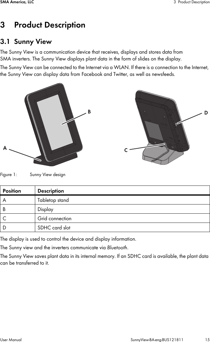 SMA America, LLC 3 Product DescriptionUser Manual SunnyView-BA-eng-BUS121811 153 Product Description3.1 Sunny ViewThe Sunny View is a communication device that receives, displays and stores data from SMA inverters. The Sunny View displays plant data in the form of slides on the display.The Sunny View can be connected to the Internet via a WLAN. If there is a connection to the Internet, the Sunny View can display data from Facebook and Twitter, as well as newsfeeds.Figure 1: Sunny View designThe display is used to control the device and display information. The Sunny view and the inverters communicate via Bluetooth. The Sunny View saves plant data in its internal memory. If an SDHC card is available, the plant data can be transferred to it. Position DescriptionA Tabletop standBDisplayC Grid connectionDSDHC card slot