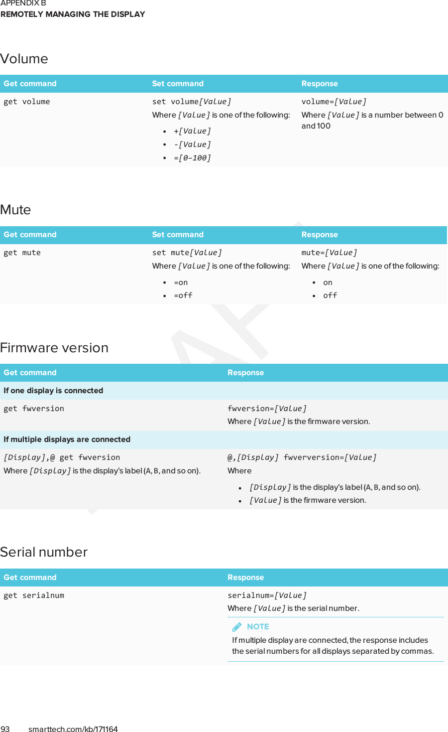 APPENDIX BREMOTELY MANAGING THE DISPLAY93 smarttech.com/kb/171164VolumeGet command Set command Responseget volume set volume[Value]Where [Value] is one of the following:l+[Value]l-[Value]l=[0–100]volume=[Value]Where [Value] is a number between 0and 100MuteGet command Set command Responseget mute set mute[Value]Where [Value] is one of the following:l=onl=offmute=[Value]Where [Value] is one of the following:lonloffFirmware versionGet command ResponseIf one display is connectedget fwversion fwversion=[Value]Where [Value] is the firmware version.If multiple displays are connected[Display],@ get fwversionWhere [Display] is the display’s label (A,B, and so on).@,[Display] fwverversion=[Value]Wherel[Display] is the display’s label (A,B, and so on).l[Value] is the firmware version.Serial numberGet command Responseget serialnum serialnum=[Value]Where [Value] is the serial number.NOTEIf multiple display are connected, the response includesthe serial numbers for all displays separated by commas.