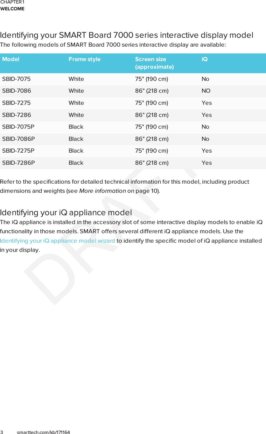 CHAPTER 1WELCOME3 smarttech.com/kb/171164Identifying your SMARTBoard 7000 series interactive display modelThe following models of SMARTBoard 7000 series interactive display are available:Model Frame style Screen size(approximate)iQSBID-7075 White 75&quot; (190 cm) NoSBID-7086 White 86&quot; (218 cm) NOSBID-7275 White 75&quot; (190 cm) YesSBID-7286 White 86&quot; (218 cm) YesSBID-7075P Black 75&quot; (190 cm) NoSBID-7086P Black 86&quot; (218 cm) NoSBID-7275P Black 75&quot; (190 cm) YesSBID-7286P Black 86&quot; (218 cm) YesRefer to the specifications for detailed technical information for this model, including productdimensions and weights (see More information on page10).Identifying your iQ appliance modelThe iQ appliance is installed in the accessory slot of some interactive display models to enable iQfunctionality in those models. SMARToffers several different iQ appliance models. Use theIdentifying your iQ appliance model wizard to identify the specific model of iQ appliance installedin your display.