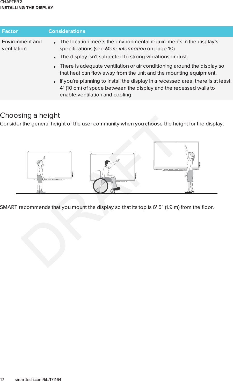 CHAPTER 2INSTALLING THE DISPLAY17 smarttech.com/kb/171164Factor ConsiderationsEnvironment andventilationlThe location meets the environmental requirements in the display’sspecifications (see More information on page10).lThe display isn’t subjected to strong vibrations or dust.lThere is adequate ventilation or air conditioning around the display sothat heat can flow away from the unit and the mounting equipment.lIf you’re planning to install the display in a recessed area, there is at least4&quot; (10 cm) of space between the display and the recessed walls toenable ventilation and cooling.Choosing a heightConsider the general height of the user community when you choose the height for the display.SMART recommends that you mount the display so that its top is 6&apos;5&quot; (1.9m) from the floor.