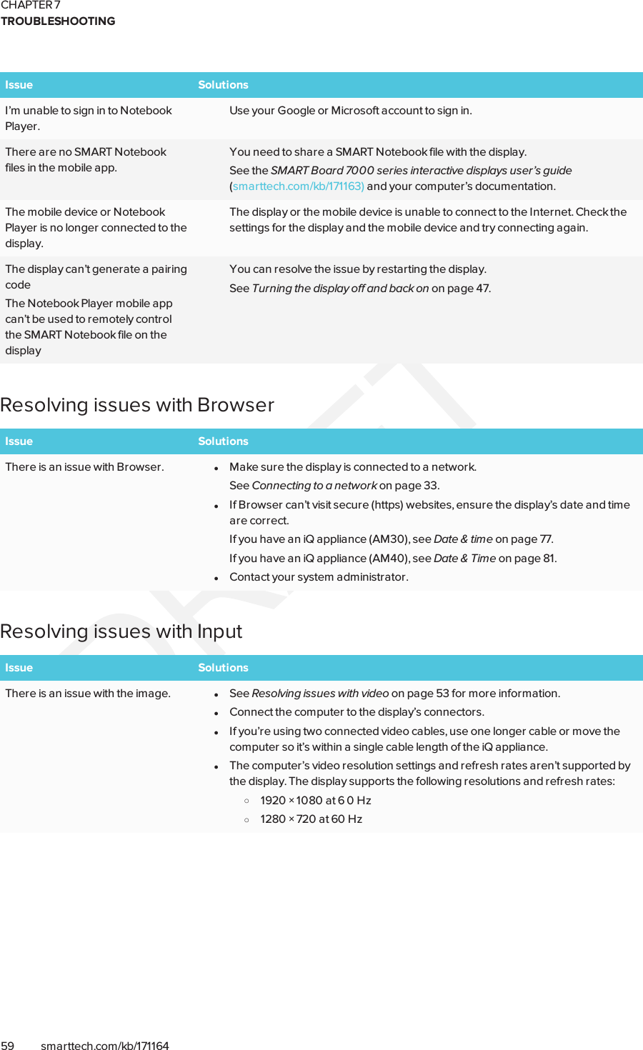 CHAPTER 7TROUBLESHOOTING59 smarttech.com/kb/171164Issue SolutionsI’m unable to sign in to NotebookPlayer.Use your Google or Microsoft account to sign in.There are no SMARTNotebookfiles in the mobile app.You need to share a SMARTNotebook file with the display.See the SMARTBoard 7000 series interactive displays user’s guide(smarttech.com/kb/171163) and your computer’s documentation.The mobile device or NotebookPlayer is no longer connected to thedisplay.The display or the mobile device is unable to connect to the Internet. Check thesettings for the display and the mobile device and try connecting again.The display can’t generate a pairingcodeThe Notebook Player mobile appcan’t be used to remotely controlthe SMARTNotebook file on thedisplayYou can resolve the issue by restarting the display.See Turning the display off and back on on page47.Resolving issues with BrowserIssue SolutionsThere is an issue with Browser. lMake sure the display is connected to a network.See Connecting to a network on page33.lIf Browser can’t visit secure (https) websites, ensure the display’s date and timeare correct.If you have an iQ appliance (AM30), see Date &amp; time on page77.If you have an iQ appliance (AM40), see Date &amp; Time on page81.lContact your system administrator.Resolving issues with InputIssue SolutionsThere is an issue with the image. lSee Resolving issues with video on page53 for more information.lConnect the computer to the display’s connectors.lIf you’re using two connected video cables, use one longer cable or move thecomputer so it’s within a single cable length of the iQ appliance.lThe computer’s video resolution settings and refresh rates aren’t supported bythe display. The display supports the following resolutions and refresh rates:o1920 × 1080 at 6 0 Hzo1280 × 720 at 60 Hz