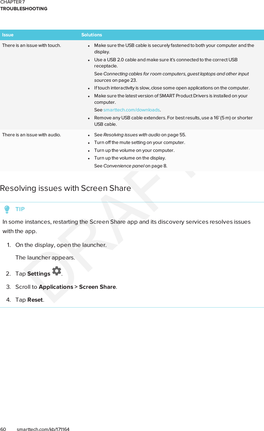 CHAPTER 7TROUBLESHOOTING60 smarttech.com/kb/171164Issue SolutionsThere is an issue with touch. lMake sure the USB cable is securely fastened to both your computer and thedisplay.lUse a USB 2.0 cable and make sure it’s connected to the correct USBreceptacle.See Connecting cables for room computers, guestlaptops and other inputsources on page23.lIf touch interactivity is slow, close some open applications on the computer.lMake sure the latest version of SMART Product Drivers is installed on yourcomputer.See smarttech.com/downloads.lRemove any USB cable extenders. For best results, use a 16&apos; (5 m) or shorterUSB cable.There is an issue with audio. lSee Resolving issues with audio on page55.lTurn off the mute setting on your computer.lTurn up the volume on your computer.lTurn up the volume on the display.See Convenience panel on page8.Resolving issues with Screen ShareTIPIn some instances, restarting the Screen Share app and its discovery services resolves issueswith the app.1. On the display, open the launcher.The launcher appears.2. Tap Settings .3. Scroll to Applications &gt; Screen Share.4. Tap Reset.