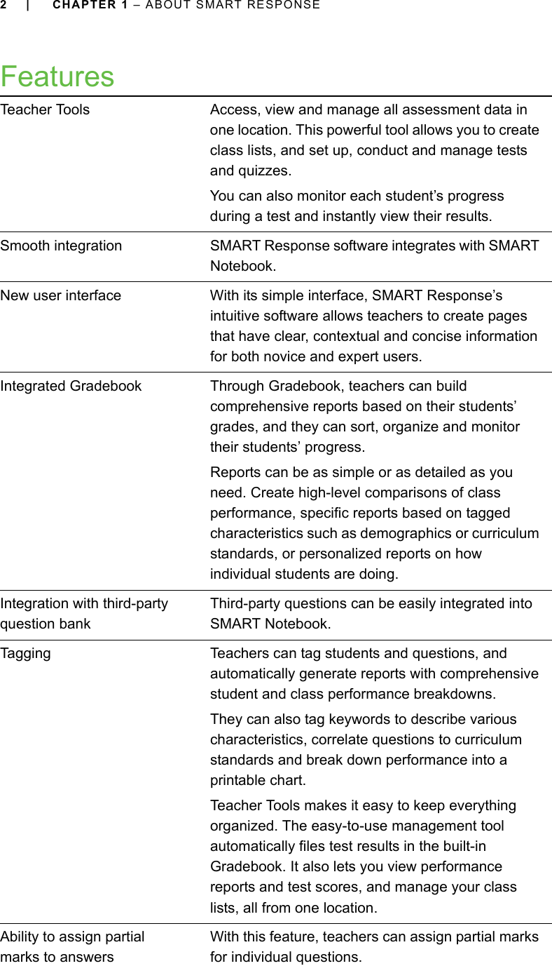 2 | CHAPTER 1 – ABOUT SMART RESPONSEFeaturesTeacher Tools Access, view and manage all assessment data in one location. This powerful tool allows you to create class lists, and set up, conduct and manage tests and quizzes.You can also monitor each student’s progress during a test and instantly view their results.Smooth integration SMART Response software integrates with SMART Notebook.New user interface With its simple interface, SMART Response’s intuitive software allows teachers to create pages that have clear, contextual and concise information for both novice and expert users.Integrated Gradebook Through Gradebook, teachers can build comprehensive reports based on their students’ grades, and they can sort, organize and monitor their students’ progress.Reports can be as simple or as detailed as you need. Create high-level comparisons of class performance, specific reports based on tagged characteristics such as demographics or curriculum standards, or personalized reports on how individual students are doing.Integration with third-party question bankThird-party questions can be easily integrated into SMART Notebook.Tagging Teachers can tag students and questions, and automatically generate reports with comprehensive student and class performance breakdowns.They can also tag keywords to describe various characteristics, correlate questions to curriculum standards and break down performance into a printable chart.Teacher Tools makes it easy to keep everything organized. The easy-to-use management tool automatically files test results in the built-in Gradebook. It also lets you view performance reports and test scores, and manage your class lists, all from one location.Ability to assign partial marks to answersWith this feature, teachers can assign partial marks for individual questions.