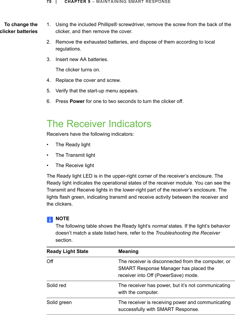 70 | CHAPTER 9 – MAINTAINING SMART RESPONSETo change theclicker batteries1. Using the included Phillips® screwdriver, remove the screw from the back of the clicker, and then remove the cover.2. Remove the exhausted batteries, and dispose of them according to local regulations.3. Insert new AA batteries. The clicker turns on.4. Replace the cover and screw.5. Verify that the start-up menu appears.6. Press Power for one to two seconds to turn the clicker off.The Receiver IndicatorsReceivers have the following indicators:• The Ready light• The Transmit light• The Receive lightThe Ready light LED is in the upper-right corner of the receiver’s enclosure. The Ready light indicates the operational states of the receiver module. You can see the Transmit and Receive lights in the lower-right part of the receiver’s enclosure. The lights flash green, indicating transmit and receive activity between the receiver and the clickers.NOTEThe following table shows the Ready light’s normal states. If the light’s behavior doesn’t match a state listed here, refer to the Troubleshooting the Receiver section.Ready Light State MeaningOff The receiver is disconnected from the computer, or SMART Response Manager has placed the receiver into Off (PowerSave) mode.Solid red The receiver has power, but it’s not communicating with the computer.Solid green The receiver is receiving power and communicating successfully with SMART Response.