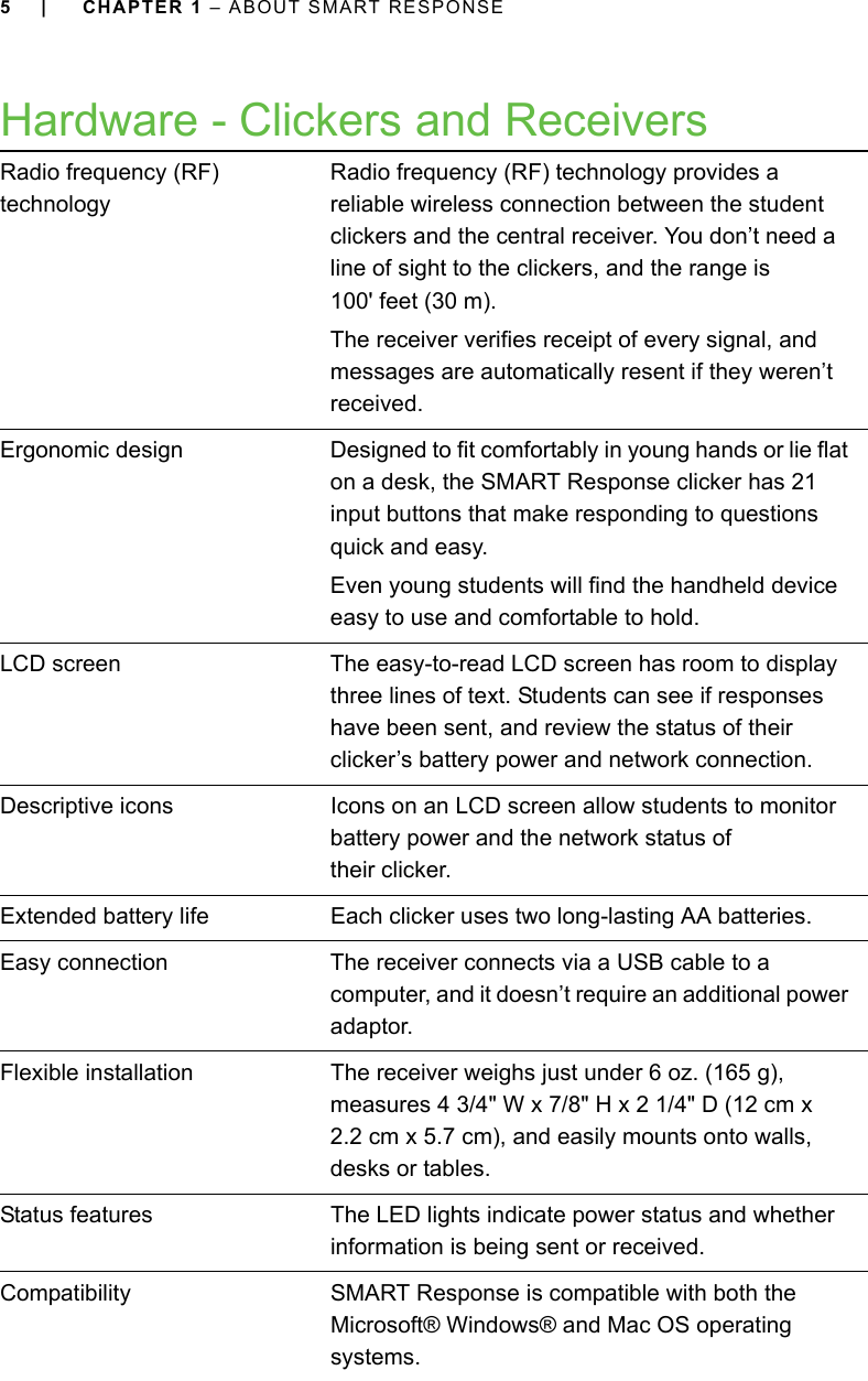 5 | CHAPTER 1 – ABOUT SMART RESPONSEHardware - Clickers and ReceiversRadio frequency (RF) technologyRadio frequency (RF) technology provides a reliable wireless connection between the student clickers and the central receiver. You don’t need a line of sight to the clickers, and the range is 100&apos; feet (30 m). The receiver verifies receipt of every signal, and messages are automatically resent if they weren’t received.Ergonomic design Designed to fit comfortably in young hands or lie flat on a desk, the SMART Response clicker has 21 input buttons that make responding to questions quick and easy.Even young students will find the handheld device easy to use and comfortable to hold.LCD screen The easy-to-read LCD screen has room to display three lines of text. Students can see if responses have been sent, and review the status of their clicker’s battery power and network connection.Descriptive icons Icons on an LCD screen allow students to monitor battery power and the network status of their clicker.Extended battery life Each clicker uses two long-lasting AA batteries.Easy connection The receiver connects via a USB cable to a computer, and it doesn’t require an additional power adaptor.Flexible installation The receiver weighs just under 6 oz. (165 g), measures 4 3/4&quot; W x 7/8&quot; H x 2 1/4&quot; D (12 cm x 2.2 cm x 5.7 cm), and easily mounts onto walls, desks or tables.Status features The LED lights indicate power status and whether information is being sent or received.Compatibility SMART Response is compatible with both the Microsoft® Windows® and Mac OS operating systems.