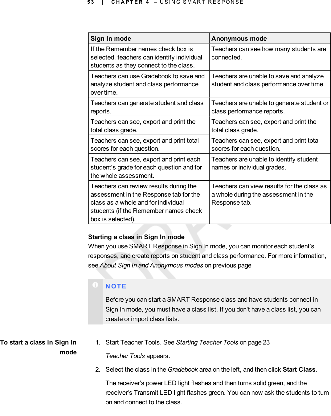 5 3Sign In mode Anonymous modeIf the Remember names check box isselected, teachers can identify individualstudents as they connect to the class.Teachers can see how many students areconnected.Teachers can use Gradebook to save andanalyze student and class performanceover time.Teachers are unable to save and analyzestudent and class performance over time.Teachers can generate student and classreports.Teachers are unable to generate student orclass performance reports.Teachers can see, export and print thetotal class grade.Teachers can see, export and print thetotal class grade.Teachers can see, export and print totalscores for each question.Teachers can see, export and print totalscores for each question.Teachers can see, export and print eachstudent&apos;s grade for each question and forthe whole assessment.Teachers are unable to identify studentnames or individual grades.Teachers can review results during theassessment in the Response tab for theclass as a whole and for individualstudents (if the Remember names checkbox is selected).Teachers can view results for the class asa whole during the assessment in theResponse tab.Starting a class in Sign In modeWhen you use SMART Response in Sign In mode, you can monitor each student’sresponses, and create reports on student and class performance. For more information,see About Sign In and Anonymous modes on previous pageN O T EBefore you can start a SMART Response class and have students connect inSign In mode, you must have a class list. If you don&apos;t have a class list, you cancreate or import class lists.To start a class in Sign Inmode1. Start Teacher Tools. See Starting Teacher Tools on page 23Teacher Tools appears.2. Select the class in the Gradebook area on the left, and then click Start Class.The receiver’s power LED light flashes and then turns solid green, and thereceiver&apos;s Transmit LED light flashes green. You can now ask the students to turnon and connect to the class.| C H A P T E R 4 – U S I N G S M A R T R E S P O N S E