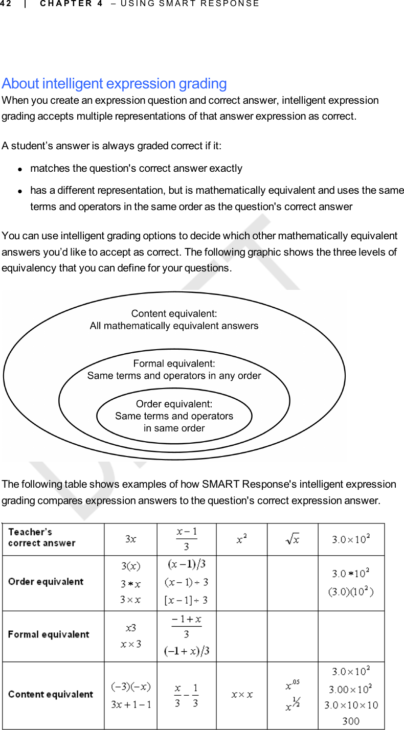 4 2About intelligent expression gradingWhen you create an expression question and correct answer, intelligent expressiongrading accepts multiple representations of that answer expression as correct.A student’s answer is always graded correct if it:lmatches the question&apos;s correct answer exactlylhas a different representation, but is mathematically equivalent and uses the sameterms and operators in the same order as the question&apos;s correct answerYou can use intelligent grading options to decide which other mathematically equivalentanswers you’d like to accept as correct. The following graphic shows the three levels ofequivalency that you can define for your questions.The following table shows examples of how SMARTResponse&apos;s intelligent expressiongrading compares expression answers to the question&apos;s correct expression answer.| C H A P T E R 4 – U S I N G S M A R T R E S P O N S E