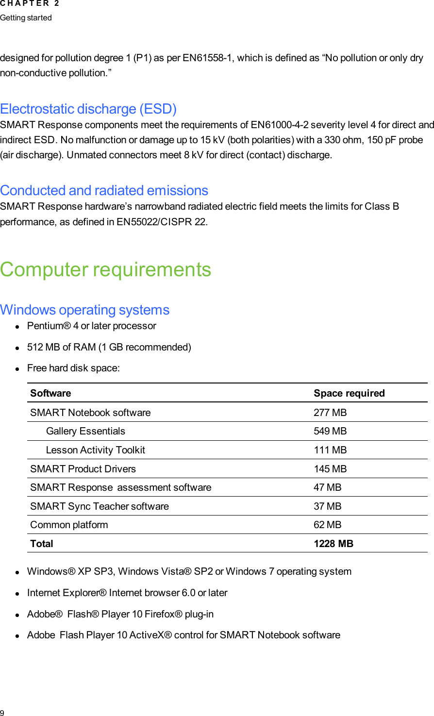 designed for pollution degree 1 (P1) as per EN61558-1, which is defined as “No pollution or only drynon-conductive pollution.”Electrostatic discharge (ESD)SMART Response components meet the requirements of EN61000-4-2 severity level 4 for direct andindirect ESD. No malfunction or damage up to 15 kV (both polarities) with a 330 ohm, 150 pF probe(air discharge). Unmated connectors meet 8 kV for direct (contact) discharge.Conducted and radiated emissionsSMART Response hardware’s narrowband radiated electric field meets the limits for Class Bperformance, as defined in EN55022/CISPR 22.Computer requirementsWindows operating systemslPentium® 4 or later processorl512 MB of RAM (1 GB recommended)lFree hard disk space:Software Space requiredSMARTNotebook software 277 MB___Gallery Essentials 549 MB___Lesson Activity Toolkit 111 MBSMARTProduct Drivers 145 MBSMART Response assessment software 47 MBSMARTSync Teacher software 37 MBCommon platform 62 MBTotal 1228 MBlWindows® XP SP3, WindowsVista® SP2 or Windows 7 operating systemlInternetExplorer® Internet browser 6.0 or laterlAdobe® Flash® Player 10 Firefox® plug-inlAdobe Flash Player 10 ActiveX® control for SMARTNotebook softwareC H A P T E R 2Getting started9