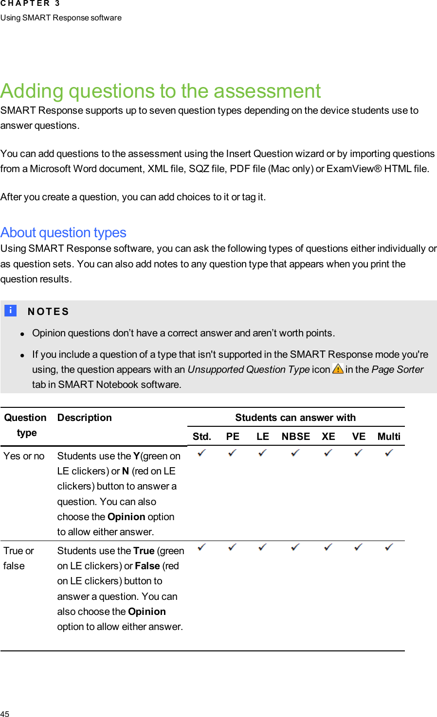 Adding questions to the assessmentSMART Response supports up to seven question types depending on the device students use toanswer questions.You can add questions to the assessment using the Insert Question wizard or by importing questionsfrom a Microsoft Word document, XML file, SQZ file, PDF file (Mac only) or ExamView® HTML file.After you create a question, you can add choices to it or tag it.About question typesUsing SMART Response software, you can ask the following types of questions either individually oras question sets. You can also add notes to any question type that appears when you print thequestion results.N N O T E SlOpinion questions don’t have a correct answer and aren’t worth points.lIf you include a question of a type that isn&apos;t supported in the SMARTResponse mode you&apos;reusing, the question appears with an Unsupported Question Type icon in the Page Sortertab in SMART Notebook software.QuestiontypeDescription Students can answer withStd. PE LE NBSE XE VE MultiYes or no Students use the Y(green onLEclickers) or N(red on LEclickers) button to answer aquestion. You can alsochoose the Opinion optionto allow either answer.True orfalseStudents use the True (greenon LEclickers) or False (redon LE clickers) button toanswer a question. You canalso choose the Opinionoption to allow either answer.C H A P T E R 3Using SMARTResponse software45