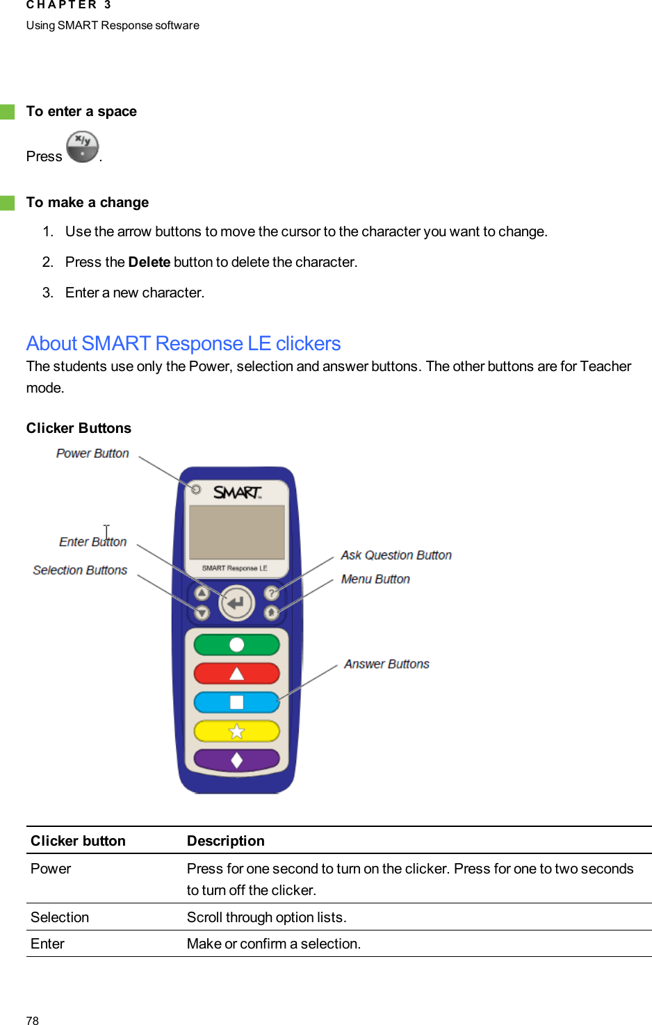 gTo enter a spacePress .gTo make a change1. Use the arrow buttons to move the cursor to the character you want to change.2. Press the Delete button to delete the character.3. Enter a new character.About SMART Response LE clickersThe students use only the Power, selection and answer buttons. The other buttons are for Teachermode.Clicker ButtonsClicker button DescriptionPower Press for one second to turn on the clicker. Press for one to two secondsto turn off the clicker.Selection Scroll through option lists.Enter Make or confirm a selection.C H A P T E R 3Using SMARTResponse software78