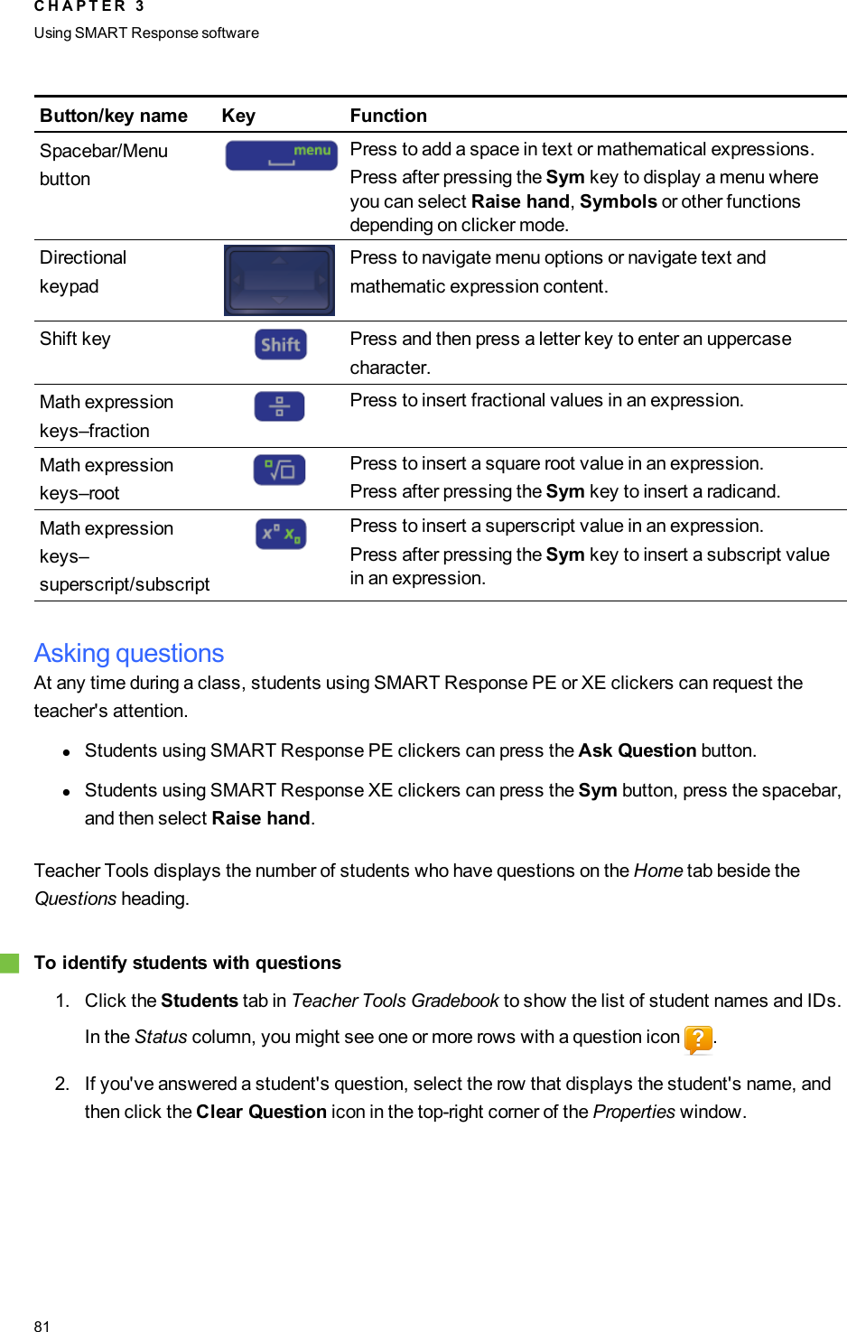 Button/key name Key FunctionSpacebar/MenubuttonPress to add a space in text or mathematical expressions.Press after pressing the Sym key to display a menu whereyou can select Raise hand,Symbols or other functionsdepending on clicker mode.DirectionalkeypadPress to navigate menu options or navigate text andmathematic expression content.Shift key Press and then press a letter key to enter an uppercasecharacter.Math expressionkeys–fractionPress to insert fractional values in an expression.Math expressionkeys–rootPress to insert a square root value in an expression.Press after pressing the Sym key to insert a radicand.Math expressionkeys–superscript/subscriptPress to insert a superscript value in an expression.Press after pressing the Sym key to insert a subscript valuein an expression.Asking questionsAt any time during a class, students using SMART Response PE or XE clickers can request theteacher&apos;s attention.lStudents using SMART Response PE clickers can press the Ask Question button.lStudents using SMART Response XE clickers can press the Sym button, press the spacebar,and then select Raise hand.Teacher Tools displays the number of students who have questions on the Home tab beside theQuestions heading.gTo identify students with questions1. Click the Students tab in Teacher Tools Gradebook to show the list of student names and IDs.In the Status column, you might see one or more rows with a question icon .2. If you&apos;ve answered a student&apos;s question, select the row that displays the student&apos;s name, andthen click the Clear Question icon in the top-right corner of the Properties window.C H A P T E R 3Using SMARTResponse software81