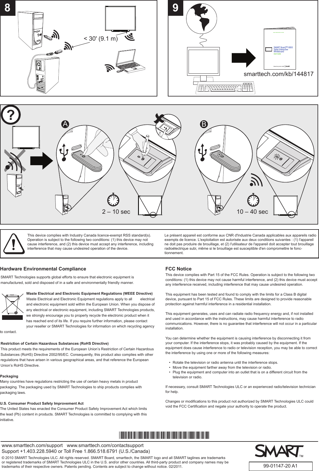 smarttech.com/kb/14481792 – 10 sec  10 – 40 sec?BA8&lt; 30&apos; (9.1 m)PLEASE THINK BEFORE YOU PRINTSMART Board™ X800 Series Interactive WhiteboardUser’s Guidewww.smarttech.com/support   www.smarttech.com/contactsupportSupport +1.403.228.5940 or Toll Free 1.866.518.6791 (U.S./Canada)99-01147-20 A1*99-01147-20-A1*© 2010 SMART Technologies ULC. All rights reserved. SMART Board, smarttech, the SMART logo and all SMART taglines are trademarks or registered trademarks of SMART Technologies ULC in the U.S. and/or other countries. All third-party product and company names may be trademarks of their respective owners. Patents pending. Contents are subject to change without notice. 02/2011.Hardware Environmental ComplianceSMART Technologies supports global efforts to ensure that electronic equipment is manufactured, sold and disposed of in a safe and environmentally friendly manner.Waste Electrical and Electronic Equipment Regulations (WEEE Directive)Waste Electrical and Electronic Equipment regulations apply to all        electrical and electronic equipment sold within the European Union. When you dispose of any electrical or electronic equipment, including SMART Technologies products, we strongly encourage you to properly recycle the electronic product when it has reached end of its life. If you require further information, please contact your reseller or SMART Technologies for information on which recycling agency to contact.Restriction of Certain Hazardous Substances (RoHS Directive)This product meets the requirements of the European Union’s Restriction of Certain Hazardous Substances (RoHS) Directive 2002/95/EC. Consequently, this product also complies with other regulations that have arisen in various geographical areas, and that reference the European Union’s RoHS Directive.PackagingMany countries have regulations restricting the use of certain heavy metals in product packaging. The packaging used by SMART Technologies to ship products complies with packaging laws.U.S. Consumer Product Safety Improvement ActThe United States has enacted the Consumer Product Safety Improvement Act which limits the lead (Pb) content in products. SMART Technologies is committed to complying with this initiative.FCC NoticeThis device complies with Part 15 of the FCC Rules. Operation is subject to the following two conditions: (1) this device may not cause harmful interference, and (2) this device must accept any interference received, including interference that may cause undesired operation.This equipment has been tested and found to comply with the limits for a Class B digital device, pursuant to Part 15 of FCC Rules. These limits are designed to provide reasonable protection against harmful interference in a residential installation.This equipment generates, uses and can radiate radio frequency energy and, if not installed and used in accordance with the instructions, may cause harmful interference to radio communications. However, there is no guarantee that interference will not occur in a particular installation.You can determine whether the equipment is causing interference by disconnecting it from your computer. If the interference stops, it was probably caused by the equipment. If the equipment does cause interference to radio or television reception, you may be able to correct the interference by using one or more of the following measures:• Rotatethetelevisionorradioantennauntiltheinterferencestops.• Movetheequipmentfartherawayfromthetelevisionorradio.• Plugtheequipmentandcomputerintoanoutletthatisonadifferentcircuitfromthetelevision or radio.If necessary, consult SMART Technologies ULC or an experienced radio/television technician for help.ChangesormodicationstothisproductnotauthorizedbySMARTTechnologiesULCcouldvoidtheFCCCerticationandnegateyourauthoritytooperatetheproduct.This device complies with Industry Canada licence-exempt RSS standard(s). Operation is subject to the following two conditions: (1) this device may not cause interference, and (2) this device must accept any interference, including interference that may cause undesired operation of the device.Le présent appareil est conforme aux CNR d&apos;Industrie Canada applicables aux appareils radioexempts de licence. L&apos;exploitation est autorisée aux deux conditions suivantes : (1) l&apos;appareil ne doit pas produire de brouillage, et (2) l&apos;utilisateur de l&apos;appareil doit accepter tout brouillageradioélectrique subi, même si le brouillage est susceptible d&apos;en compromettre le fonc-tionnement.