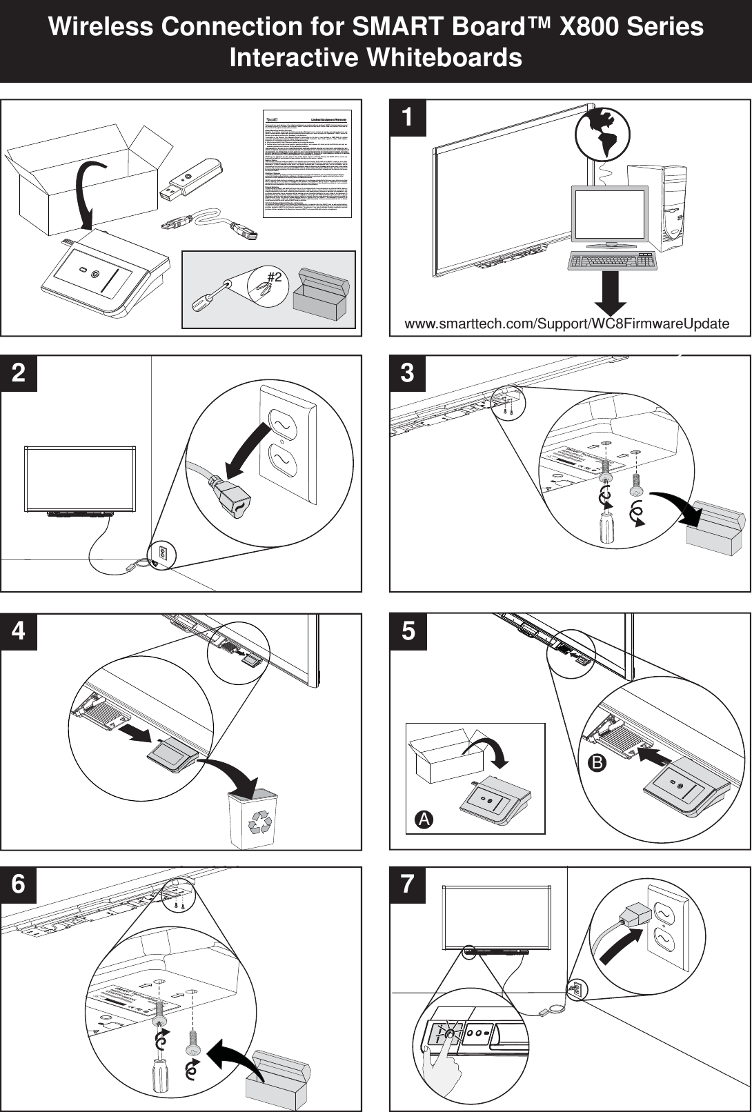    Limited Equipment Warranty Thank you for your recent purchase. In the unlikely event that you have problems with your equipment, SMART’s technical support personnel are available to assist you. The terms and conditions of SMART’s warranty are set forth below – please review them carefully. Please see the reverse side of this page for warranty-claim procedures. Limited Warranty to End-User Purchaser Subject to the exceptions noted below, this limited warranty (the “Warranty”) covers all defects in materials and workmanship of your new SMART hardware product, together with included software distribution media, pens, eraser and cables (the “Equipment”). SMART extends the Warranty to the end-user purchaser (the “Purchaser”) of the Equipment.  The duration of the Warranty (the “Warranty Period”), commencing on the date of new purchase, is ONE YEAR for optional accessories (including room control modules, wireless serial or USB connections, floor stands, speakers, cables, USB adapters, keyboards, etc.) and service repair parts, with the following exceptions:   Fully discharged SMART Slate™ lithium ion batteries are not covered by warranty.    Projector lamps (used under normal projector operating conditions, not in excess of 8 hours per day and 260 days per year) are  covered by warranty for 500 hours or 90 days, whichever comes first. THE WARRANTY IS IN LIEU OF ALL OTHER WARRANTIES, WHETHER EXPRESS, IMPLIED OR STATUTORY, INCLUDING BUT NOT LIMITED TO IMPLIED WARRANTIES OF MERCHANTABILITY AND FITNESS FOR A PARTICULAR PURPOSE. ANY REPRESENTATION OR WARRANTY, OR AFFIRMATION OF FACT, MADE BY ANY SALES REPRESENTATIVE OR OTHE R AGENT OF SMART, INCLUDING BUT NOT LIMITED TO STATEMENTS REGARDING CAPACITY, SUITABILITY FOR USE OR PERFORM ANCE, EXPRESS OR IMPLIED, WHICH IS NOT SPECIFICALLY SET FORTH HEREIN WILL NOT BE BINDING UPON SMART. SMART has not authorized any other party to alter, modify, extend, enhance or limit the Warranty and SMART will not assume any responsibility or liability for any statements or representations made by any other persons or entities. Repair or Replace The Purchaser’s exclusive remedy and SMART’s sole obligation during the Warranty Period shall be for SMART to repair or, at its option, replace the Equipment that has failed or that has proven to be defective at no cost to the Purchaser except for the one-way shipping cost of the Equipment to a SMART-authorized service center. Any charges associated with a rush-requested order, such as air express, are the responsibility of the Purchaser. Prior to returning any equipment under the Warranty, the Purchaser must render proof of the original purchase date and must thereafter obtain from SMART a Return of Merchandise Authorization (RMA) number. The RMA number shall be clearly marked on the packaging of the Equipment being returned. All returned Equipment that is replaced under the Warranty shall become the property of SMART. Limitation of Damages The liability of SMART to the Purchaser arising out of the purchase and supply of the Equipment or its use, whether based upon Warranty, contract, tort (including, without limitation, negligence) or otherwise, shall not in any case exceed the original cost to the Purchaser of the Equipment, and upon expiration of the Warranty Period such liability will terminate. SMART shall not be liable, whether in contract or on any other basis, for any damages sustained by the Purchaser or any other person arising from or related to loss of use, failure or interruption in the operation of the Equipment, delay in repair or replacement or for incidental, consequential, indirect or special damages or liabilities, loss of revenue, loss of business or other financial loss arising out of or in connection with the sale, lease, maintenance, use, performance failure or interruption of the Equipment. Warranty Exclusions The Warranty will not apply to and SMART will not be liable for (i) any Equipment which is not purchased from an authorized SMART dealer or distributor; (ii) Equipment that has been damaged by accident, abuse, neglect, misuse or causes other than ordinary use (see manuals that ship with Equipment for further detail), including the direct application of any cleaning liquids, substances or abrasives to the hardware or onto any display surface other than in accordance with the cleaning and care instructions included in the User’s Guide for the Equipment; (iii) Equipment which has been altered, changed, serviced or repaired by anyone other than SMART-authorized repair personnel; or (iv) any Equipment on which the serial number has been defaced, modified or removed. Warranty service hereunder shall not operate to extend the original Warranty Period. The Warranty excludes damage incurred in shipment to or from SMART. If the Equipment is received by the Purchaser in a damaged condition, the carrier and SMART must be notified immediately. Purchasers located outside the U.S. or Canada should instead contact the carrier and their SMART dealer or distributor. Third-Party Equipment Warranty Extension and Exception For equipment sold by SMART to the Purchaser but manufactured by a corporation other than SMART (such as wall-mounted cabinets, carrying cases and other specified components), SMART shall extend to the Purchaser, to the extent permitted, any and all applicable warranty provisions provided to SMART by the third-party manufacturer. The extension of any and all applicable third-party manufacturer warranty provisions shall be an exception to this Warranty and represents SMART’s sole responsibility with respect to such equipment. Wireless Connection for SMART Board™ X800 Series Interactive Whiteboards5www.smarttech.com/Support/WC8FirmwareUpdateSMART Technologies ULC 20-01246-XXSBX800 CAT5-XTVVVQYDDDBXXXX  *VVVQYDDDBXXXX *Caution50&apos;/15.2m Max. Cable LengthThis Is Not a Network Connection2143A6 7#2SMART Technologies ULC 20-01246-XXSBX800 CAT5-XTVVVQYDDDBXXXX  *VVVQYDDDBXXXX *Caution50&apos;/15.2m Max. Cable LengthThis Is Not a Network ConnectionSMART Technologies ULC 20-01246-XXSBX800 CAT5-XTVVVQYDDDBXXXX  &apos;.&apos;Caution50&apos;/15.2m Max. Cable LengthThis Is Not a Network ConnectionBSMART Technologies ULC 20-01246-XXSBX800 CAT5-XTVVVQYDDDBXXXX  &apos;.&apos;Caution50&apos;/15.2m Max. Cable LengthThis Is Not a Network ConnectionSMART Technologies ULC 20-01246-XXSBX800 CAT5-XTVVVQYDDDBXXXX  &apos;.&apos;Caution50&apos;/15.2m Max. Cable LengthThis Is Not a Network Connection