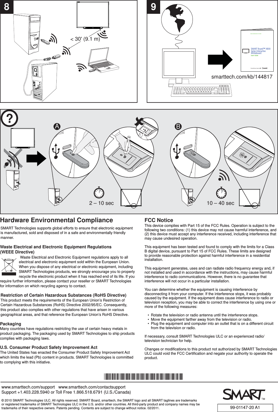 smarttech.com/kb/14481792 – 10 sec  10 – 40 sec?BA8&lt; 30&apos; (9.1 m)PLEASE THINK BEFORE YOU PRINTSMART Board™ X800 Series Interactive WhiteboardUser’s Guidewww.smarttech.com/support   www.smarttech.com/contactsupportSupport +1.403.228.5940 or Toll Free 1.866.518.6791 (U.S./Canada)99-01147-20 A1*99-01147-20-A1*© 2010 SMART Technologies ULC. All rights reserved. SMART Board, smarttech, the SMART logo and all SMART taglines are trademarks or registered trademarks of SMART Technologies ULC in the U.S. and/or other countries. All third-party product and company names may be trademarks of their respective owners. Patents pending. Contents are subject to change without notice. 02/2011.Hardware Environmental ComplianceSMART Technologies supports global efforts to ensure that electronic equipment is manufactured, sold and disposed of in a safe and environmentally friendly manner.Waste Electrical and Electronic Equipment Regulations (WEEE Directive) Waste Electrical and Electronic Equipment regulations apply to all        electrical and electronic equipment sold within the European Union. When you dispose of any electrical or electronic equipment, including SMART Technologies products, we strongly encourage you to properly recycle the electronic product when it has reached end of its life. If you require further information, please contact your reseller or SMART Technologies for information on which recycling agency to contact.Restriction of Certain Hazardous Substances (RoHS Directive)This product meets the requirements of the European Union’s Restriction of Certain Hazardous Substances (RoHS) Directive 2002/95/EC. Consequently, this product also complies with other regulations that have arisen in various geographical areas, and that reference the European Union’s RoHS Directive.PackagingMany countries have regulations restricting the use of certain heavy metals in product packaging. The packaging used by SMART Technologies to ship products complies with packaging laws.U.S. Consumer Product Safety Improvement ActThe United States has enacted the Consumer Product Safety Improvement Act which limits the lead (Pb) content in products. SMART Technologies is committed to complying with this initiative.FCC NoticeThis device complies with Part 15 of the FCC Rules. Operation is subject to the following two conditions: (1) this device may not cause harmful interference, and (2) this device must accept any interference received, including interference that may cause undesired operation.This equipment has been tested and found to comply with the limits for a Class B digital device, pursuant to Part 15 of FCC Rules. These limits are designed to provide reasonable protection against harmful interference in a residential installation.This equipment generates, uses and can radiate radio frequency energy and, if not installed and used in accordance with the instructions, may cause harmful interference to radio communications. However, there is no guarantee that interference will not occur in a particular installation.You can determine whether the equipment is causing interference by disconnecting it from your computer. If the interference stops, it was probably caused by the equipment. If the equipment does cause interference to radio or television reception, you may be able to correct the interference by using one or more of the following measures:•  Rotate the television or radio antenna until the interference stops.•  Move the equipment farther away from the television or radio.•  Plug the equipment and computer into an outlet that is on a different circuit from the television or radio.If necessary, consult SMART Technologies ULC or an experienced radio/television technician for help.Changes or modiﬁ cations to this product not authorized by SMART Technologies ULC could void the FCC Certiﬁ cation and negate your authority to operate the product.