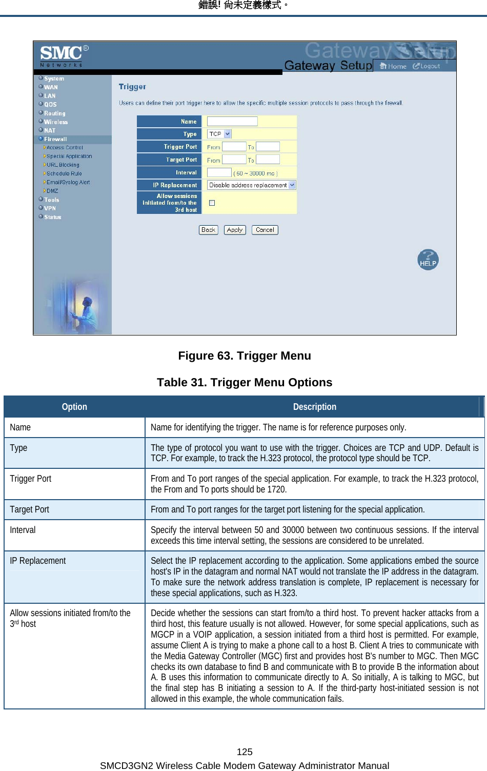 錯誤! 尚未定義樣式。 125 SMCD3GN2 Wireless Cable Modem Gateway Administrator Manual  Figure 63. Trigger Menu Table 31. Trigger Menu Options Option  Description Name  Name for identifying the trigger. The name is for reference purposes only. Type  The type of protocol you want to use with the trigger. Choices are TCP and UDP. Default is TCP. For example, to track the H.323 protocol, the protocol type should be TCP. Trigger Port  From and To port ranges of the special application. For example, to track the H.323 protocol, the From and To ports should be 1720. Target Port  From and To port ranges for the target port listening for the special application. Interval  Specify the interval between 50 and 30000 between two continuous sessions. If the interval exceeds this time interval setting, the sessions are considered to be unrelated.  IP Replacement  Select the IP replacement according to the application. Some applications embed the source host&apos;s IP in the datagram and normal NAT would not translate the IP address in the datagram. To make sure the network address translation is complete, IP replacement is necessary for these special applications, such as H.323. Allow sessions initiated from/to the 3rd host  Decide whether the sessions can start from/to a third host. To prevent hacker attacks from a third host, this feature usually is not allowed. However, for some special applications, such as MGCP in a VOIP application, a session initiated from a third host is permitted. For example, assume Client A is trying to make a phone call to a host B. Client A tries to communicate with the Media Gateway Controller (MGC) first and provides host B&apos;s number to MGC. Then MGC checks its own database to find B and communicate with B to provide B the information about A. B uses this information to communicate directly to A. So initially, A is talking to MGC, but the final step has B initiating a session to A. If the third-party host-initiated session is not allowed in this example, the whole communication fails. 