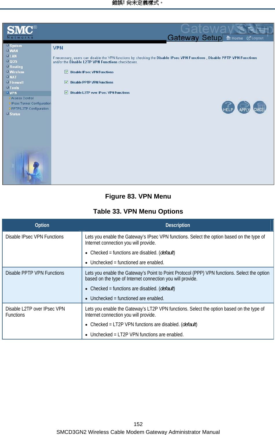 錯誤! 尚未定義樣式。 152 SMCD3GN2 Wireless Cable Modem Gateway Administrator Manual  Figure 83. VPN Menu Table 33. VPN Menu Options Option  Description Disable IPsec VPN Functions  Lets you enable the Gateway’s IPsec VPN functions. Select the option based on the type of Internet connection you will provide. • Checked = functions are disabled. (default) • Unchecked = functioned are enabled.  Disable PPTP VPN Functions  Lets you enable the Gateway’s Point to Point Protocol (PPP) VPN functions. Select the option based on the type of Internet connection you will provide. • Checked = functions are disabled. (default) • Unchecked = functioned are enabled.  Disable L2TP over IPsec VPN Functions  Lets you enable the Gateway’s LT2P VPN functions. Select the option based on the type of Internet connection you will provide. • Checked = LT2P VPN functions are disabled. (default) • Unchecked = LT2P VPN functions are enabled. 