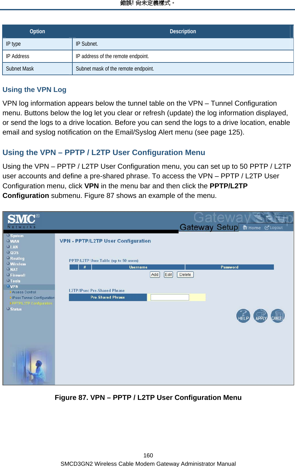 錯誤! 尚未定義樣式。 160 SMCD3GN2 Wireless Cable Modem Gateway Administrator Manual Option  Description IP type  IP Subnet. IP Address  IP address of the remote endpoint. Subnet Mask  Subnet mask of the remote endpoint. Using the VPN Log VPN log information appears below the tunnel table on the VPN – Tunnel Configuration menu. Buttons below the log let you clear or refresh (update) the log information displayed, or send the logs to a drive location. Before you can send the logs to a drive location, enable email and syslog notification on the Email/Syslog Alert menu (see page 125). Using the VPN – PPTP / L2TP User Configuration Menu Using the VPN – PPTP / L2TP User Configuration menu, you can set up to 50 PPTP / L2TP user accounts and define a pre-shared phrase. To access the VPN – PPTP / L2TP User Configuration menu, click VPN in the menu bar and then click the PPTP/L2TP Configuration submenu. Figure 87 shows an example of the menu.   Figure 87. VPN – PPTP / L2TP User Configuration Menu 