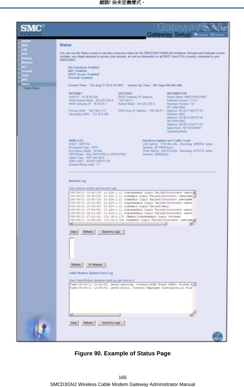 錯誤! 尚未定義樣式。 166 SMCD3GN2 Wireless Cable Modem Gateway Administrator Manual  Figure 90. Example of Status Page 