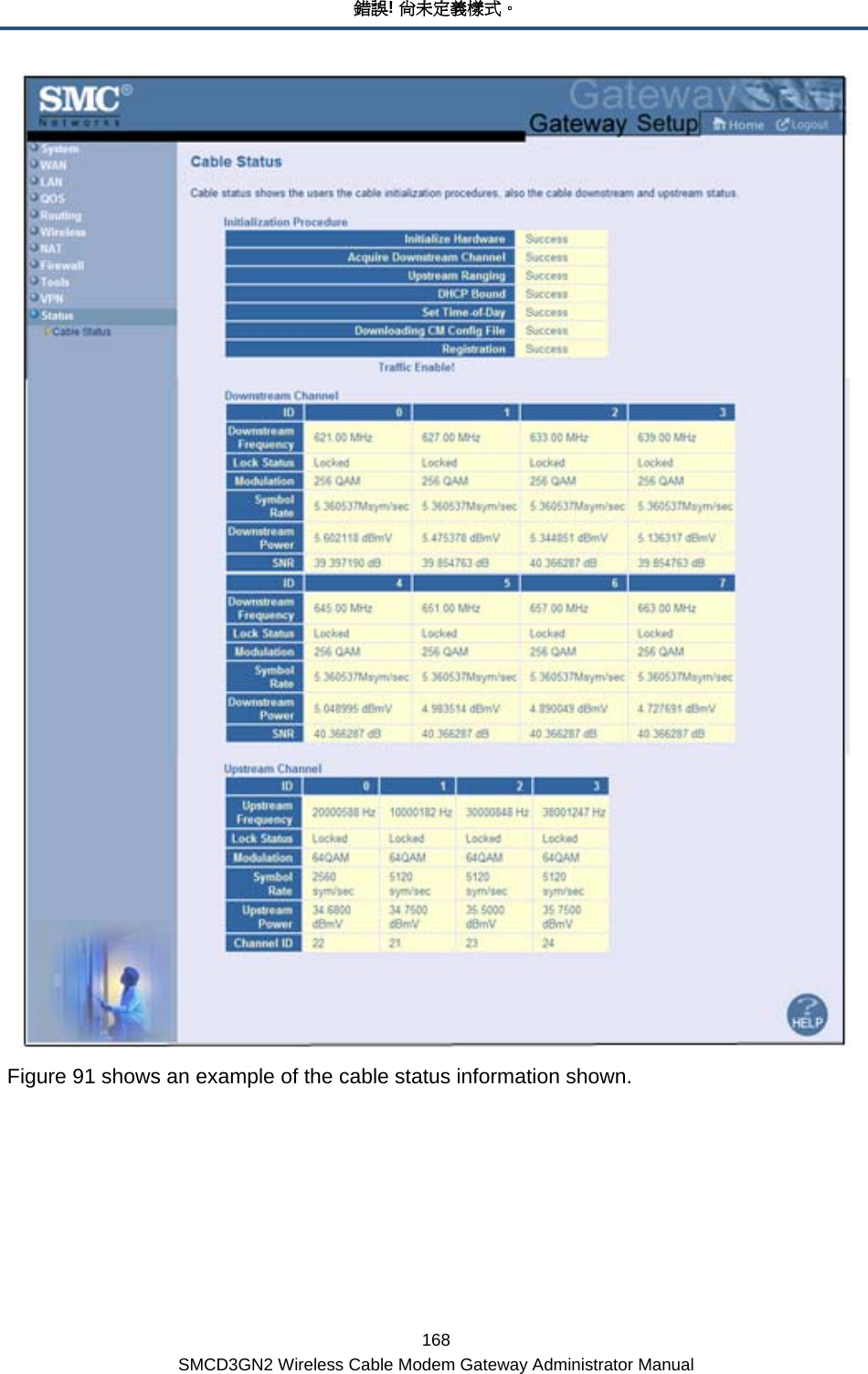 錯誤! 尚未定義樣式。 168 SMCD3GN2 Wireless Cable Modem Gateway Administrator Manual  Figure 91 shows an example of the cable status information shown.     