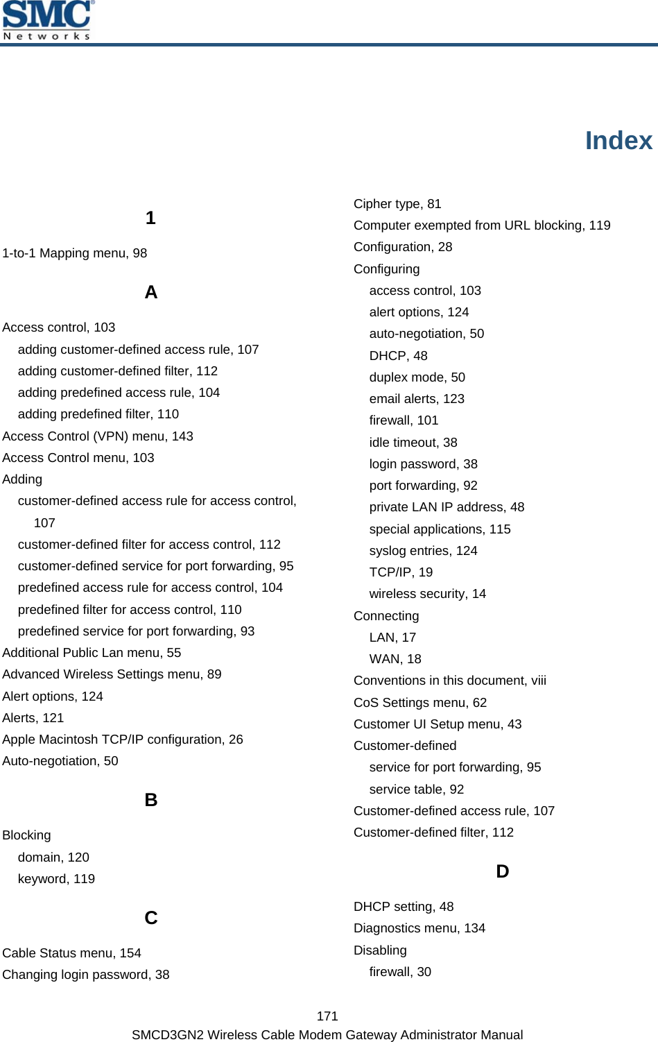  171 SMCD3GN2 Wireless Cable Modem Gateway Administrator Manual Index 1 1-to-1 Mapping menu, 98 A Access control, 103 adding customer-defined access rule, 107 adding customer-defined filter, 112 adding predefined access rule, 104 adding predefined filter, 110 Access Control (VPN) menu, 143 Access Control menu, 103 Adding customer-defined access rule for access control, 107 customer-defined filter for access control, 112 customer-defined service for port forwarding, 95 predefined access rule for access control, 104 predefined filter for access control, 110 predefined service for port forwarding, 93 Additional Public Lan menu, 55 Advanced Wireless Settings menu, 89 Alert options, 124 Alerts, 121 Apple Macintosh TCP/IP configuration, 26 Auto-negotiation, 50 B Blocking domain, 120 keyword, 119 C Cable Status menu, 154 Changing login password, 38 Cipher type, 81 Computer exempted from URL blocking, 119 Configuration, 28 Configuring access control, 103 alert options, 124 auto-negotiation, 50 DHCP, 48 duplex mode, 50 email alerts, 123 firewall, 101 idle timeout, 38 login password, 38 port forwarding, 92 private LAN IP address, 48 special applications, 115 syslog entries, 124 TCP/IP, 19 wireless security, 14 Connecting LAN, 17 WAN, 18 Conventions in this document, viii CoS Settings menu, 62 Customer UI Setup menu, 43 Customer-defined service for port forwarding, 95 service table, 92 Customer-defined access rule, 107 Customer-defined filter, 112 D DHCP setting, 48 Diagnostics menu, 134 Disabling firewall, 30 
