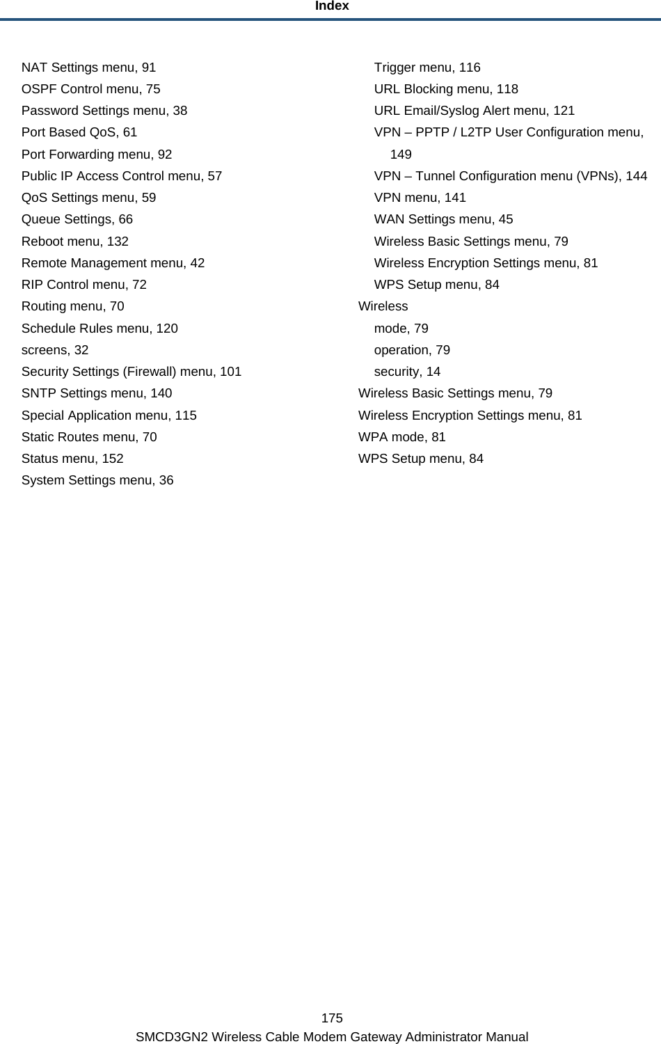 Index 175 SMCD3GN2 Wireless Cable Modem Gateway Administrator Manual NAT Settings menu, 91 OSPF Control menu, 75 Password Settings menu, 38 Port Based QoS, 61 Port Forwarding menu, 92 Public IP Access Control menu, 57 QoS Settings menu, 59 Queue Settings, 66 Reboot menu, 132 Remote Management menu, 42 RIP Control menu, 72 Routing menu, 70 Schedule Rules menu, 120 screens, 32 Security Settings (Firewall) menu, 101 SNTP Settings menu, 140 Special Application menu, 115 Static Routes menu, 70 Status menu, 152 System Settings menu, 36 Trigger menu, 116 URL Blocking menu, 118 URL Email/Syslog Alert menu, 121 VPN – PPTP / L2TP User Configuration menu, 149 VPN – Tunnel Configuration menu (VPNs), 144 VPN menu, 141 WAN Settings menu, 45 Wireless Basic Settings menu, 79 Wireless Encryption Settings menu, 81 WPS Setup menu, 84 Wireless mode, 79 operation, 79 security, 14 Wireless Basic Settings menu, 79 Wireless Encryption Settings menu, 81 WPA mode, 81 WPS Setup menu, 84  