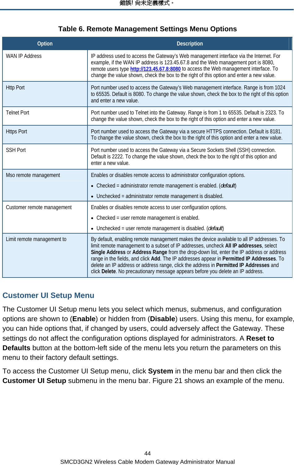 錯誤! 尚未定義樣式。 44 SMCD3GN2 Wireless Cable Modem Gateway Administrator Manual Table 6. Remote Management Settings Menu Options Option  Description WAN IP Address  IP address used to access the Gateway’s Web management interface via the Internet. For example, if the WAN IP address is 123.45.67.8 and the Web management port is 8080, remote users type http://123.45.67.8:8080 to access the Web management interface. To change the value shown, check the box to the right of this option and enter a new value. Http Port  Port number used to access the Gateway’s Web management interface. Range is from 1024 to 65535. Default is 8080. To change the value shown, check the box to the right of this option and enter a new value. Telnet Port  Port number used to Telnet into the Gateway. Range is from 1 to 65535. Default is 2323. To change the value shown, check the box to the right of this option and enter a new value. Https Port  Port number used to access the Gateway via a secure HTTPS connection. Default is 8181. To change the value shown, check the box to the right of this option and enter a new value. SSH Port  Port number used to access the Gateway via a Secure Sockets Shell (SSH) connection. Default is 2222. To change the value shown, check the box to the right of this option and enter a new value. Mso remote management  Enables or disables remote access to administrator configuration options. • Checked = administrator remote management is enabled. (default) • Unchecked = administrator remote management is disabled. Customer remote management  Enables or disables remote access to user configuration options. • Checked = user remote management is enabled. • Unchecked = user remote management is disabled. (default) Limit remote management to  By default, enabling remote management makes the device available to all IP addresses. To limit remote management to a subset of IP addresses, uncheck All IP addresses, select Single Address or Address Range from the drop-down list, enter the IP address or address range in the fields, and click Add. The IP addresses appear in Permitted IP Addresses. To delete an IP address or address range, click the address in Permitted IP Addresses and click Delete. No precautionary message appears before you delete an IP address. Customer UI Setup Menu The Customer UI Setup menu lets you select which menus, submenus, and configuration options are shown to (Enable) or hidden from (Disable) users. Using this menu, for example, you can hide options that, if changed by users, could adversely affect the Gateway. These settings do not affect the configuration options displayed for administrators. A Reset to Defaults button at the bottom-left side of the menu lets you return the parameters on this menu to their factory default settings. To access the Customer UI Setup menu, click System in the menu bar and then click the Customer UI Setup submenu in the menu bar. Figure 21 shows an example of the menu.    