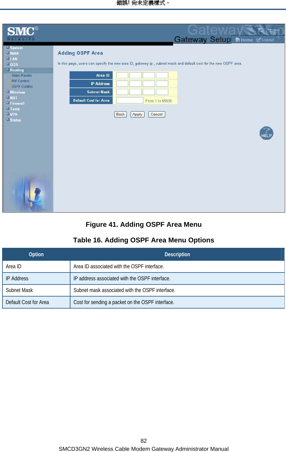 錯誤! 尚未定義樣式。 82 SMCD3GN2 Wireless Cable Modem Gateway Administrator Manual  Figure 41. Adding OSPF Area Menu Table 16. Adding OSPF Area Menu Options Option  Description Area ID  Area ID associated with the OSPF interface. IP Address  IP address associated with the OSPF interface. Subnet Mask  Subnet mask associated with the OSPF interface. Default Cost for Area  Cost for sending a packet on the OSPF interface.      