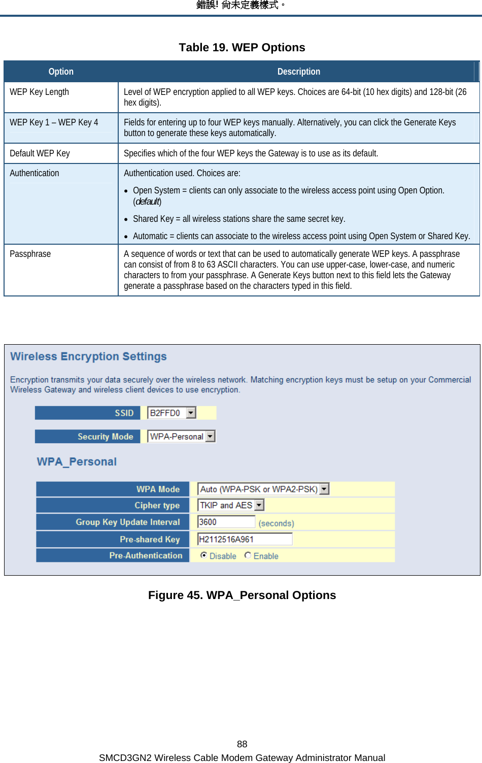 錯誤! 尚未定義樣式。 88 SMCD3GN2 Wireless Cable Modem Gateway Administrator Manual Table 19. WEP Options Option  Description WEP Key Length  Level of WEP encryption applied to all WEP keys. Choices are 64-bit (10 hex digits) and 128-bit (26 hex digits). WEP Key 1 – WEP Key 4  Fields for entering up to four WEP keys manually. Alternatively, you can click the Generate Keys button to generate these keys automatically. Default WEP Key  Specifies which of the four WEP keys the Gateway is to use as its default. Authentication  Authentication used. Choices are: • Open System = clients can only associate to the wireless access point using Open Option. (default) • Shared Key = all wireless stations share the same secret key. • Automatic = clients can associate to the wireless access point using Open System or Shared Key. Passphrase  A sequence of words or text that can be used to automatically generate WEP keys. A passphrase can consist of from 8 to 63 ASCII characters. You can use upper-case, lower-case, and numeric characters to from your passphrase. A Generate Keys button next to this field lets the Gateway generate a passphrase based on the characters typed in this field.    Figure 45. WPA_Personal Options 