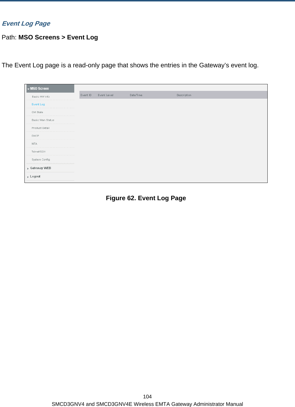  104 SMCD3GNV4 and SMCD3GNV4E Wireless EMTA Gateway Administrator Manual Event Log Page Path: MSO Screens &gt; Event Log  The Event Log page is a read-only page that shows the entries in the Gateway’s event log.    Figure 62. Event Log Page   