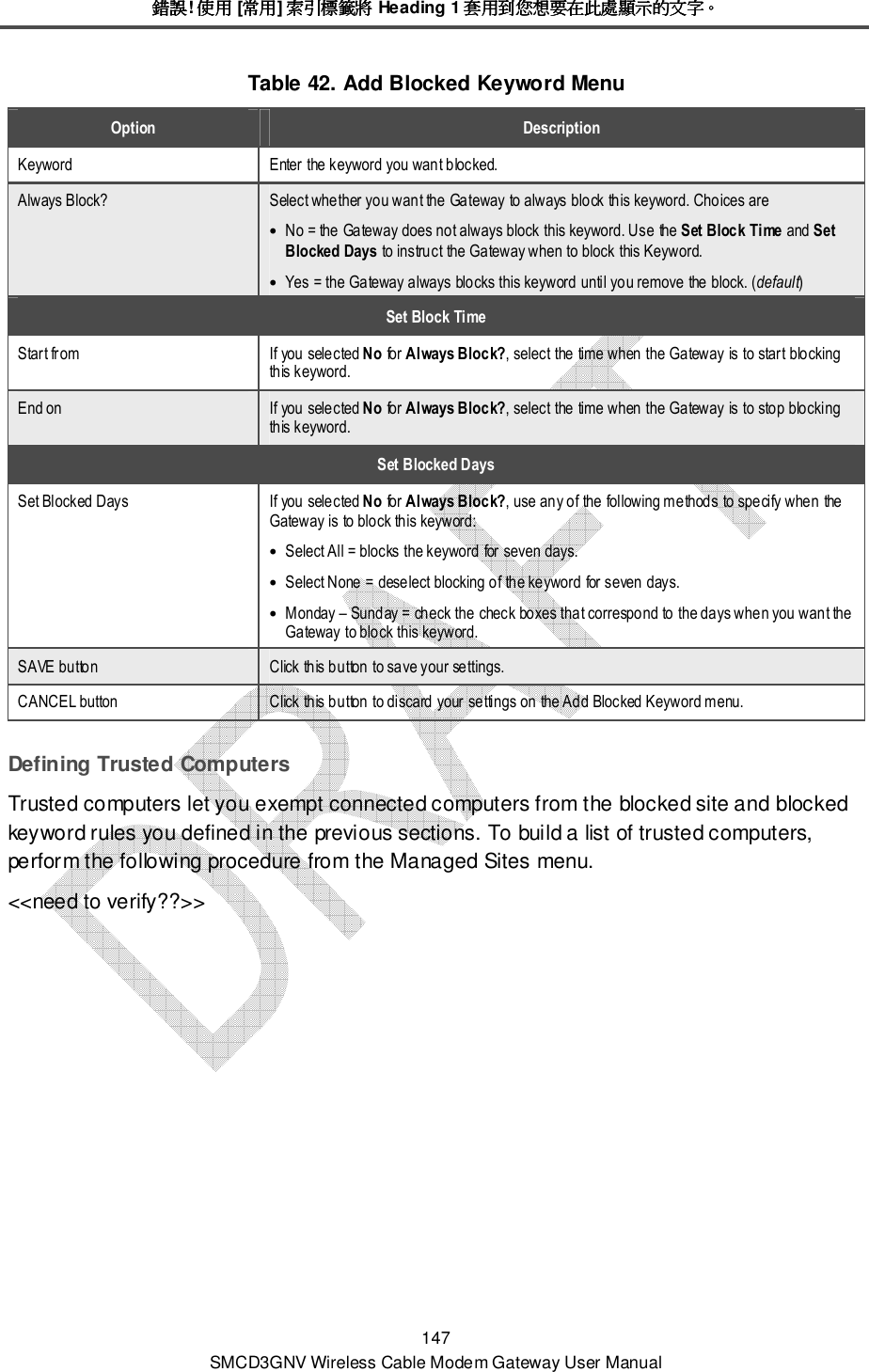 錯誤錯誤錯誤錯誤! 使用使用使用使用 [常用常用常用常用] 索引標籤將索引標籤將索引標籤將索引標籤將 Heading 1 套用到您想要在此處顯示的文字套用到您想要在此處顯示的文字套用到您想要在此處顯示的文字套用到您想要在此處顯示的文字。。。。 147 SMCD3GNV Wireless Cable Modem Gateway User Manual Table 42. Add Blocked Keyword Menu Option  Description Keyword  Enter the keyword you want blocked. Always Block?  Select whether you want the Gateway to always block this keyword. Choices are • No = the Gateway does not always block this keyword. Use the Set Block Time and Set Blocked Days to instruct the Gateway when to block this Keyword. • Yes = the Gateway always blocks this keyword until you remove the block. (default) Set Block Time Start from  If you selected No for Always Block?, select the time when the Gateway is to start blocking this keyword. End on  If you selected No for Always Block?, select the time when the Gateway is to stop blocking this keyword. Set Blocked Days Set Blocked Days  If you selected No for Always Block?, use any of the following methods to specify when the Gateway is to block this keyword: • Select All = blocks the keyword for seven days. • Select None = deselect blocking of the keyword for seven days. • Monday – Sunday = check the check boxes that correspond to the days when you want the Gateway to block this keyword. SAVE button  Click this button to save your settings. CANCEL button  Click this button to discard your settings on the Add Blocked Keyword menu. Defining Trusted Computers Trusted computers let you exempt connected computers from the blocked site and blocked keyword rules you defined in the previous sections. To build a list of trusted computers, perform the following procedure from the Managed Sites menu. &lt;&lt;need to verify??&gt;&gt; 