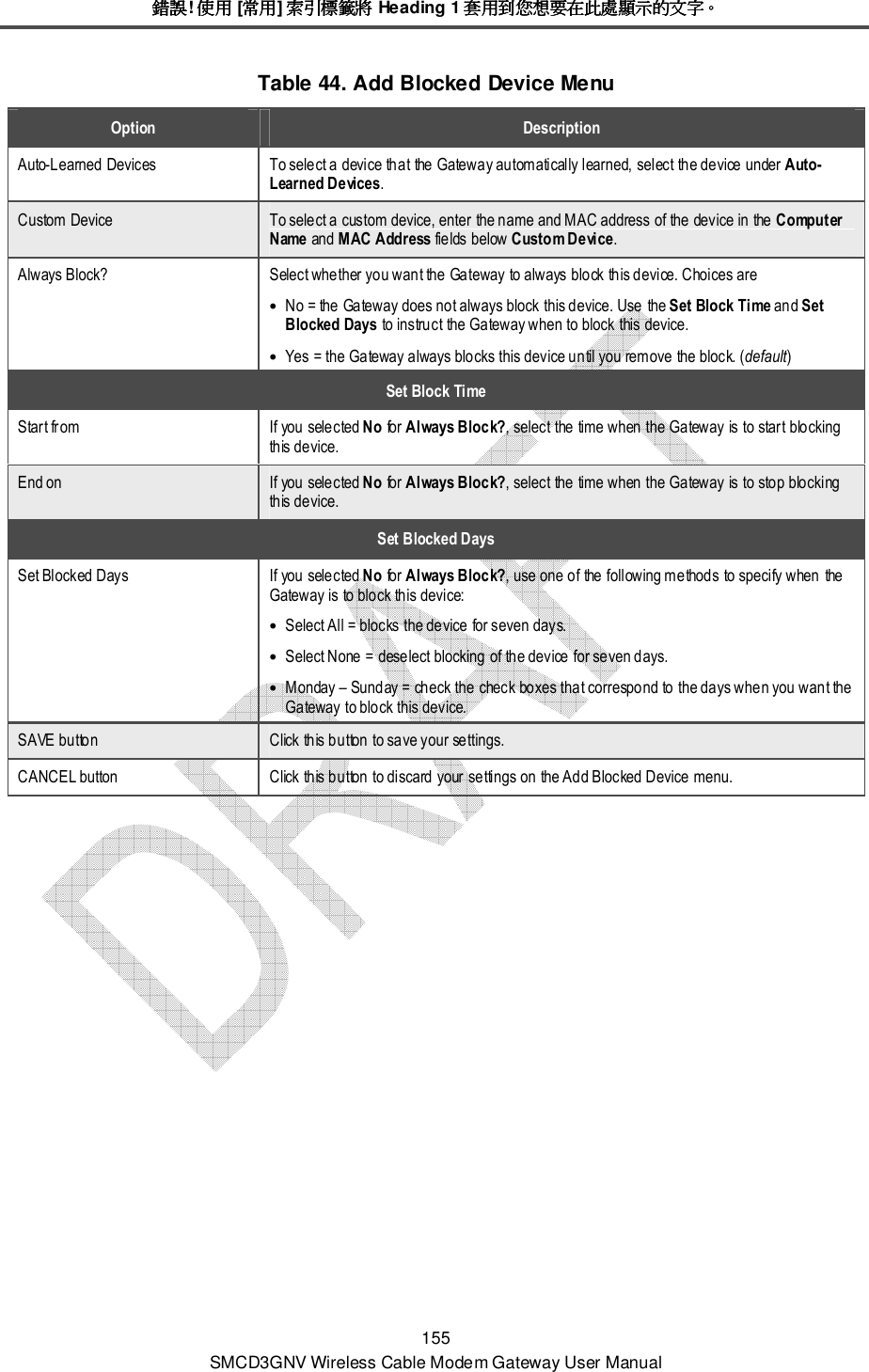 錯誤錯誤錯誤錯誤! 使用使用使用使用 [常用常用常用常用] 索引標籤將索引標籤將索引標籤將索引標籤將 Heading 1 套用到您想要在此處顯示的文字套用到您想要在此處顯示的文字套用到您想要在此處顯示的文字套用到您想要在此處顯示的文字。。。。 155 SMCD3GNV Wireless Cable Modem Gateway User Manual Table 44. Add Blocked Device Menu Option  Description Auto-Learned Devices  To select a device that the Gateway automatically learned, select the device under Auto-Learned Devices. Custom Device  To select a custom device, enter the name and MAC address of the device in the Computer Name and MAC Address fields below Custom Device. Always Block?  Select whether you want the Gateway to always block this device. Choices are • No = the Gateway does not always block this device. Use the Set Block Time and Set Blocked Days to instruct the Gateway when to block this device. • Yes = the Gateway always blocks this device until you remove the block. (default) Set Block Time Start from  If you selected No for Always Block?, select the time when the Gateway is to start blocking this device. End on  If you selected No for Always Block?, select the time when the Gateway is to stop blocking this device. Set Blocked Days Set Blocked Days  If you selected No for Always Block?, use one of the following methods to specify when the Gateway is to block this device: • Select All = blocks the device for seven days. • Select None = deselect blocking of the device for seven days. • Monday – Sunday = check the check boxes that correspond to the days when you want the Gateway to block this device. SAVE button  Click this button to save your settings. CANCEL button  Click this button to discard your settings on the Add Blocked Device menu. 