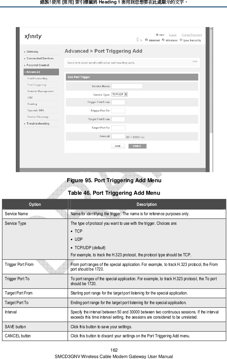 錯誤錯誤錯誤錯誤! 使用使用使用使用 [常用常用常用常用] 索引標籤將索引標籤將索引標籤將索引標籤將 Heading 1 套用到您想要在此處顯示的文字套用到您想要在此處顯示的文字套用到您想要在此處顯示的文字套用到您想要在此處顯示的文字。。。。 162 SMCD3GNV Wireless Cable Modem Gateway User Manual  Figure 95. Port Triggering Add Menu Table 46. Port Triggering Add Menu Option  Description Service Name  Name for identifying the trigger. The name is for reference purposes only. Service Type  The type of protocol you want to use with the trigger. Choices are: • TCP • UDP • TCP/UDP (default) For example, to track the H.323 protocol, the protocol type should be TCP. Trigger Port From  From port ranges of the special application. For example, to track H.323 protocol, the From port should be 1720. Trigger Port To  To port ranges of the special application. For example, to track H.323 protocol, the To port should be 1720. Target Port From  Starting port range for the target port listening for the special application. Target Port To  Ending port range for the target port listening for the special application. Interval  Specify the interval between 50 and 30000 between two continuous sessions. If the interval exceeds this time interval setting, the sessions are considered to be unrelated. SAVE button  Click this button to save your settings. CANCEL button  Click this button to discard your settings on the Port Triggering Add menu. 