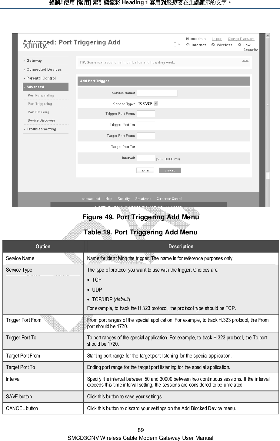 錯誤錯誤錯誤錯誤! 使用使用使用使用 [常用常用常用常用] 索引標籤將索引標籤將索引標籤將索引標籤將 Heading 1 套用到您想要在此處顯示的文字套用到您想要在此處顯示的文字套用到您想要在此處顯示的文字套用到您想要在此處顯示的文字。。。。 89 SMCD3GNV Wireless Cable Modem Gateway User Manual  Figure 49. Port Triggering Add Menu Table 19. Port Triggering Add Menu Option  Description Service Name  Name for identifying the trigger. The name is for reference purposes only. Service Type  The type of protocol you want to use with the trigger. Choices are: • TCP • UDP • TCP/UDP (default) For example, to track the H.323 protocol, the protocol type should be TCP. Trigger Port From  From port ranges of the special application. For example, to track H.323 protocol, the From port should be 1720. Trigger Port To  To port ranges of the special application. For example, to track H.323 protocol, the To port should be 1720. Target Port From  Starting port range for the target port listening for the special application. Target Port To  Ending port range for the target port listening for the special application. Interval  Specify the interval between 50 and 30000 between two continuous sessions. If the interval exceeds this time interval setting, the sessions are considered to be unrelated. SAVE button  Click this button to save your settings. CANCEL button  Click this button to discard your settings on the Add Blocked Device menu. 
