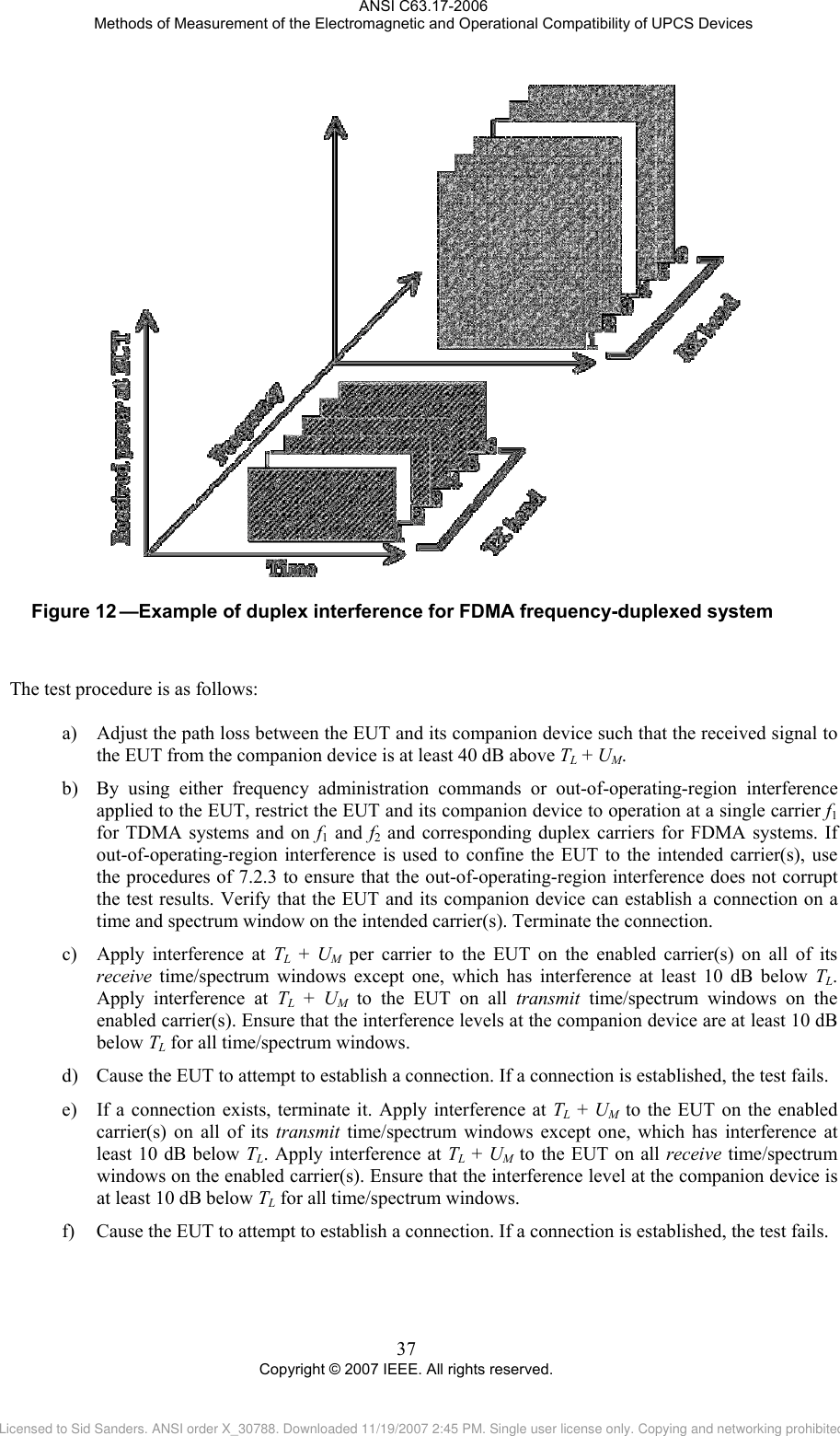 ANSI C63.17-2006 Methods of Measurement of the Electromagnetic and Operational Compatibility of UPCS Devices  Figure 12 —Example of duplex interference for FDMA frequency-duplexed system   The test procedure is as follows:  a) Adjust the path loss between the EUT and its companion device such that the received signal to the EUT from the companion device is at least 40 dB above TL + UM. b) By using either frequency administration commands or out-of-operating-region interference applied to the EUT, restrict the EUT and its companion device to operation at a single carrier f1 for TDMA systems and on f1 and f2 and corresponding duplex carriers for FDMA systems. If out-of-operating-region interference is used to confine the EUT to the intended carrier(s), use the procedures of 7.2.3 to ensure that the out-of-operating-region interference does not corrupt the test results. Verify that the EUT and its companion device can establish a connection on a time and spectrum window on the intended carrier(s). Terminate the connection. c) Apply interference at TL + UM per carrier to the EUT on the enabled carrier(s) on all of its receive time/spectrum windows except one, which has interference at least 10 dB below TL. Apply interference at TL + UM to the EUT on all transmit time/spectrum windows on the enabled carrier(s). Ensure that the interference levels at the companion device are at least 10 dB below TL for all time/spectrum windows. d) Cause the EUT to attempt to establish a connection. If a connection is established, the test fails. e) If a connection exists, terminate it. Apply interference at TL + UM to the EUT on the enabled carrier(s) on all of its transmit time/spectrum windows except one, which has interference at least 10 dB below TL. Apply interference at TL + UM to the EUT on all receive time/spectrum windows on the enabled carrier(s). Ensure that the interference level at the companion device is at least 10 dB below TL for all time/spectrum windows. f) Cause the EUT to attempt to establish a connection. If a connection is established, the test fails.  37 Copyright © 2007 IEEE. All rights reserved. Licensed to Sid Sanders. ANSI order X_30788. Downloaded 11/19/2007 2:45 PM. Single user license only. Copying and networking prohibited.