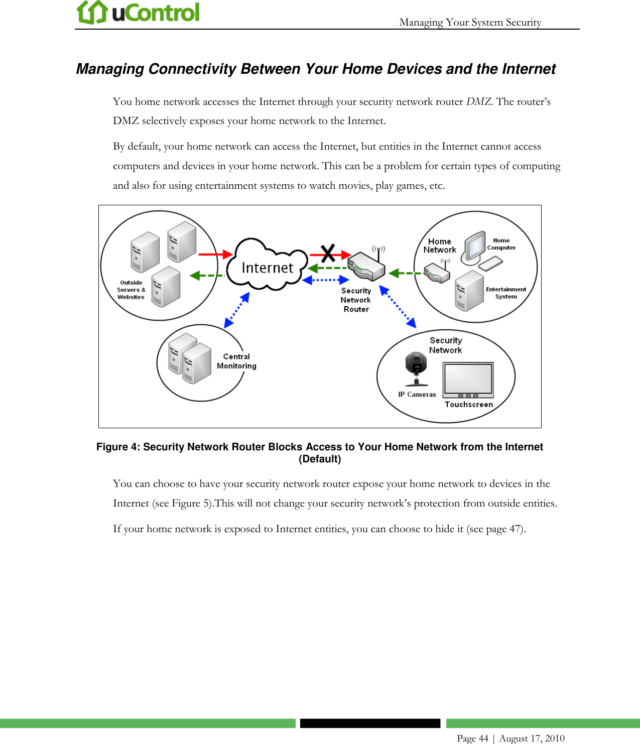  Managing Your System Security    Page 44 | August 17, 2010 Managing Connectivity Between Your Home Devices and the Internet You home network accesses the Internet through your security network router DMZ. The router’s DMZ selectively exposes your home network to the Internet.  By default, your home network can access the Internet, but entities in the Internet cannot access computers and devices in your home network. This can be a problem for certain types of computing and also for using entertainment systems to watch movies, play games, etc.   Figure 4: Security Network Router Blocks Access to Your Home Network from the Internet (Default) You can choose to have your security network router expose your home network to devices in the Internet (see Figure 5).This will not change your security network’s protection from outside entities. If your home network is exposed to Internet entities, you can choose to hide it (see page 47). 