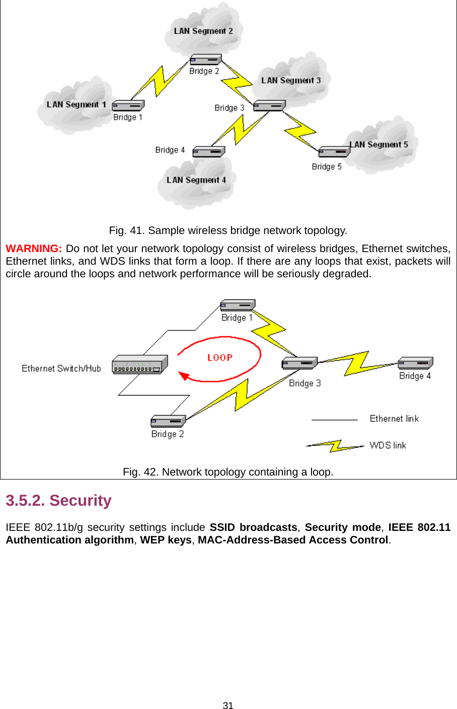   31 Fig. 41. Sample wireless bridge network topology. WARNING: Do not let your network topology consist of wireless bridges, Ethernet switches, Ethernet links, and WDS links that form a loop. If there are any loops that exist, packets will circle around the loops and network performance will be seriously degraded.  Fig. 42. Network topology containing a loop. 3.5.2. Security IEEE 802.11b/g security settings include SSID broadcasts, Security mode, IEEE 802.11 Authentication algorithm, WEP keys, MAC-Address-Based Access Control. 