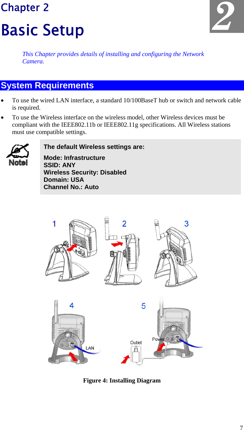  Chapter 2 Basic Setup  2 This Chapter provides details of installing and configuring the Network Camera. System Requirements •  To use the wired LAN interface, a standard 10/100BaseT hub or switch and network cable is required.  •  To use the Wireless interface on the wireless model, other Wireless devices must be compliant with the IEEE802.11b or IEEE802.11g specifications. All Wireless stations must use compatible settings.  The default Wireless settings are: Mode: Infrastructure SSID: ANY  Wireless Security: Disabled Domain: USA Channel No.: Auto   Figure 4: Installing Diagram 7 