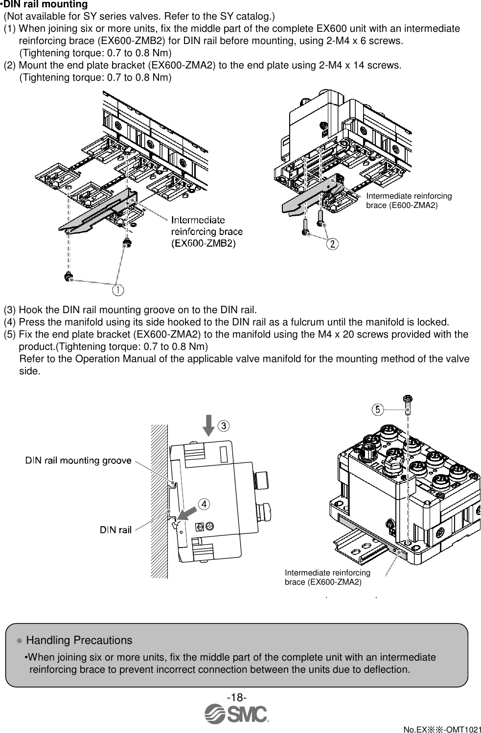  -18-  No.EX※※-OMT1021   •DIN rail mounting (Not available for SY series valves. Refer to the SY catalog.) (1) When joining six or more units, fix the middle part of the complete EX600 unit with an intermediate reinforcing brace (EX600-ZMB2) for DIN rail before mounting, using 2-M4 x 6 screws. (Tightening torque: 0.7 to 0.8 Nm) (2) Mount the end plate bracket (EX600-ZMA2) to the end plate using 2-M4 x 14 screws. (Tightening torque: 0.7 to 0.8 Nm)       (3) Hook the DIN rail mounting groove on to the DIN rail. (4) Press the manifold using its side hooked to the DIN rail as a fulcrum until the manifold is locked. (5) Fix the end plate bracket (EX600-ZMA2) to the manifold using the M4 x 20 screws provided with the product.(Tightening torque: 0.7 to 0.8 Nm) Refer to the Operation Manual of the applicable valve manifold for the mounting method of the valve side.        ● Handling Precautions •When joining six or more units, fix the middle part of the complete unit with an intermediate reinforcing brace to prevent incorrect connection between the units due to deflection.   Intermediate reinforcing brace (EX600-ZMA2) Intermediate reinforcing brace (E600-ZMA2) 