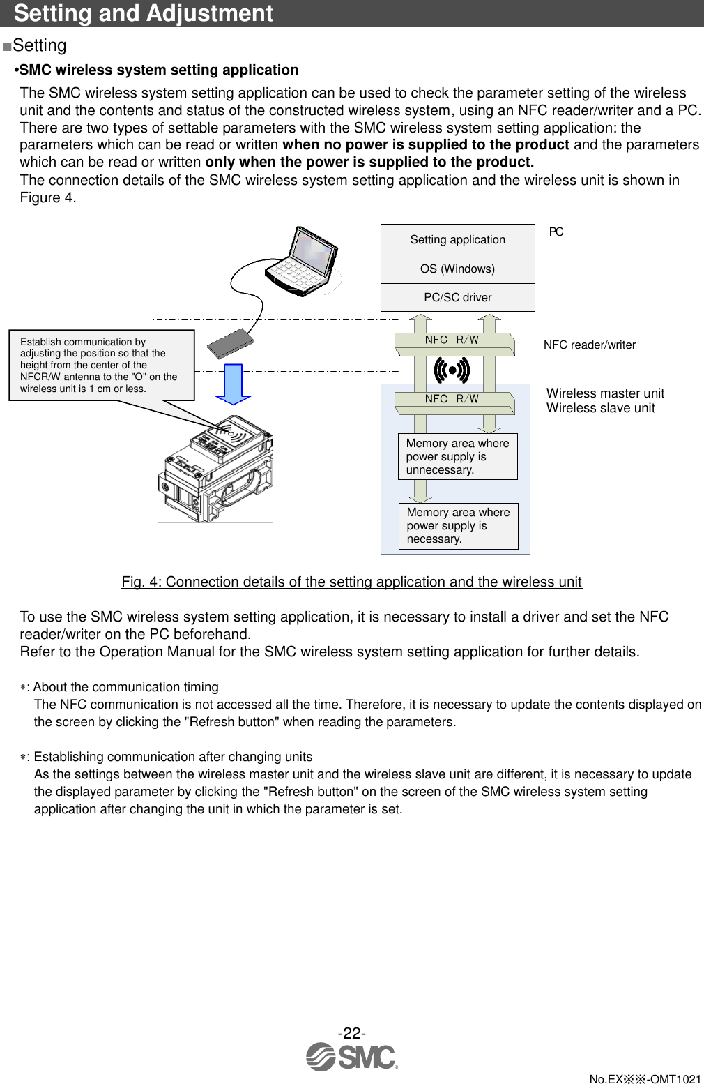  -22-  No.EX※※-OMT1021  Setting and Adjustment ■Setting •SMC wireless system setting application The SMC wireless system setting application can be used to check the parameter setting of the wireless unit and the contents and status of the constructed wireless system, using an NFC reader/writer and a PC.   There are two types of settable parameters with the SMC wireless system setting application: the parameters which can be read or written when no power is supplied to the product and the parameters which can be read or written only when the power is supplied to the product. The connection details of the SMC wireless system setting application and the wireless unit is shown in Figure 4.     Fig. 4: Connection details of the setting application and the wireless unit  To use the SMC wireless system setting application, it is necessary to install a driver and set the NFC reader/writer on the PC beforehand. Refer to the Operation Manual for the SMC wireless system setting application for further details.  : About the communication timing The NFC communication is not accessed all the time. Therefore, it is necessary to update the contents displayed on the screen by clicking the &quot;Refresh button&quot; when reading the parameters.  : Establishing communication after changing units As the settings between the wireless master unit and the wireless slave unit are different, it is necessary to update the displayed parameter by clicking the &quot;Refresh button&quot; on the screen of the SMC wireless system setting application after changing the unit in which the parameter is set. PC NFC reader/writer Wireless master unit Wireless slave unit Setting application OS (Windows) PC/SC driver  Memory area where power supply is unnecessary.  Memory area where power supply is necessary.  Establish communication by adjusting the position so that the height from the center of the NFCR/W antenna to the &quot;O&quot; on the wireless unit is 1 cm or less. 