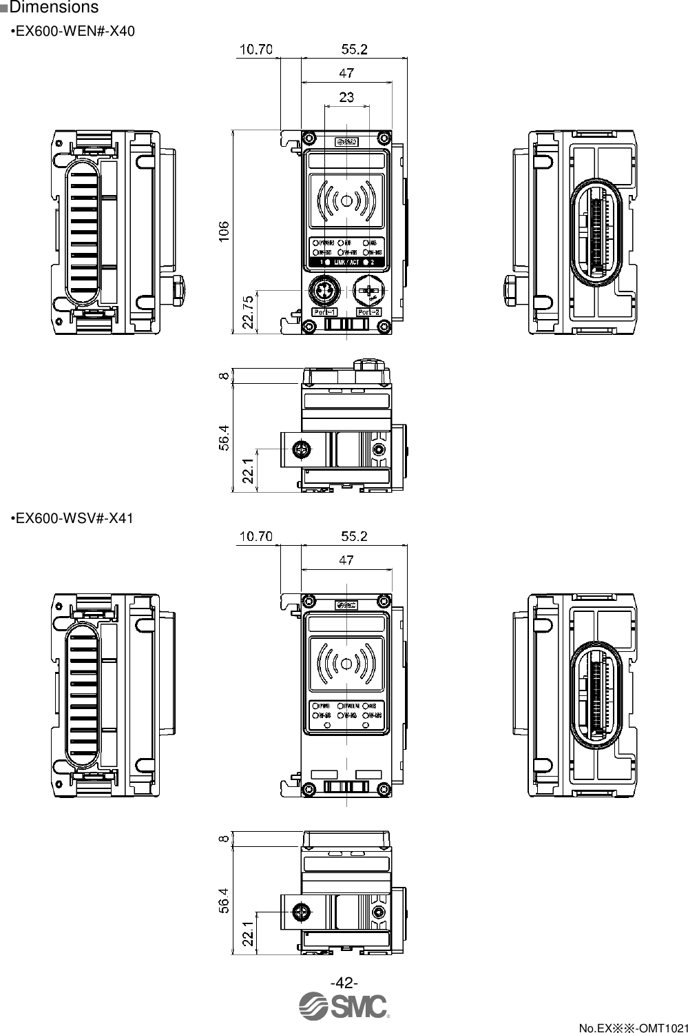  -42-  No.EX※※-OMT1021   ■Dimensions •EX600-WEN#-X40   •EX600-WSV#-X41  